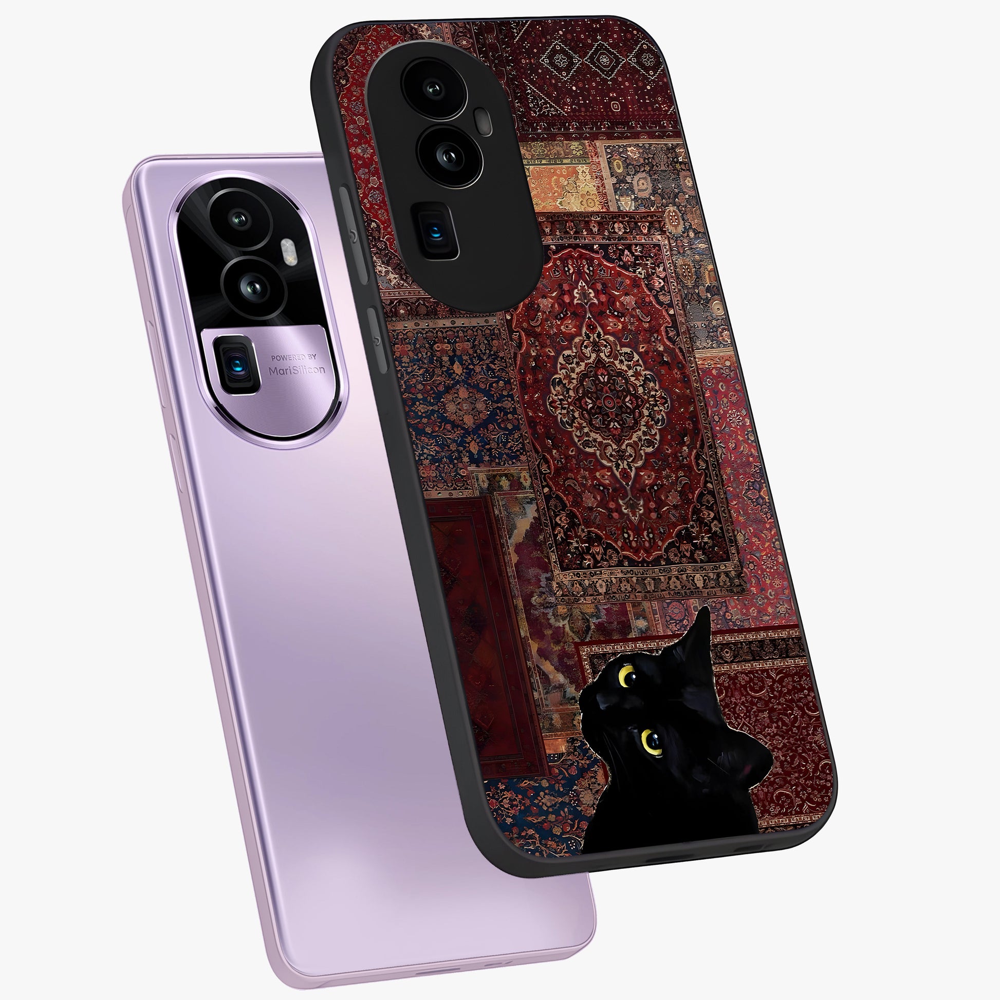 Regal Magic Cat Apple Glass Case displayed in angled mockup highlighting whimsical feline design with fantasy aesthetic.