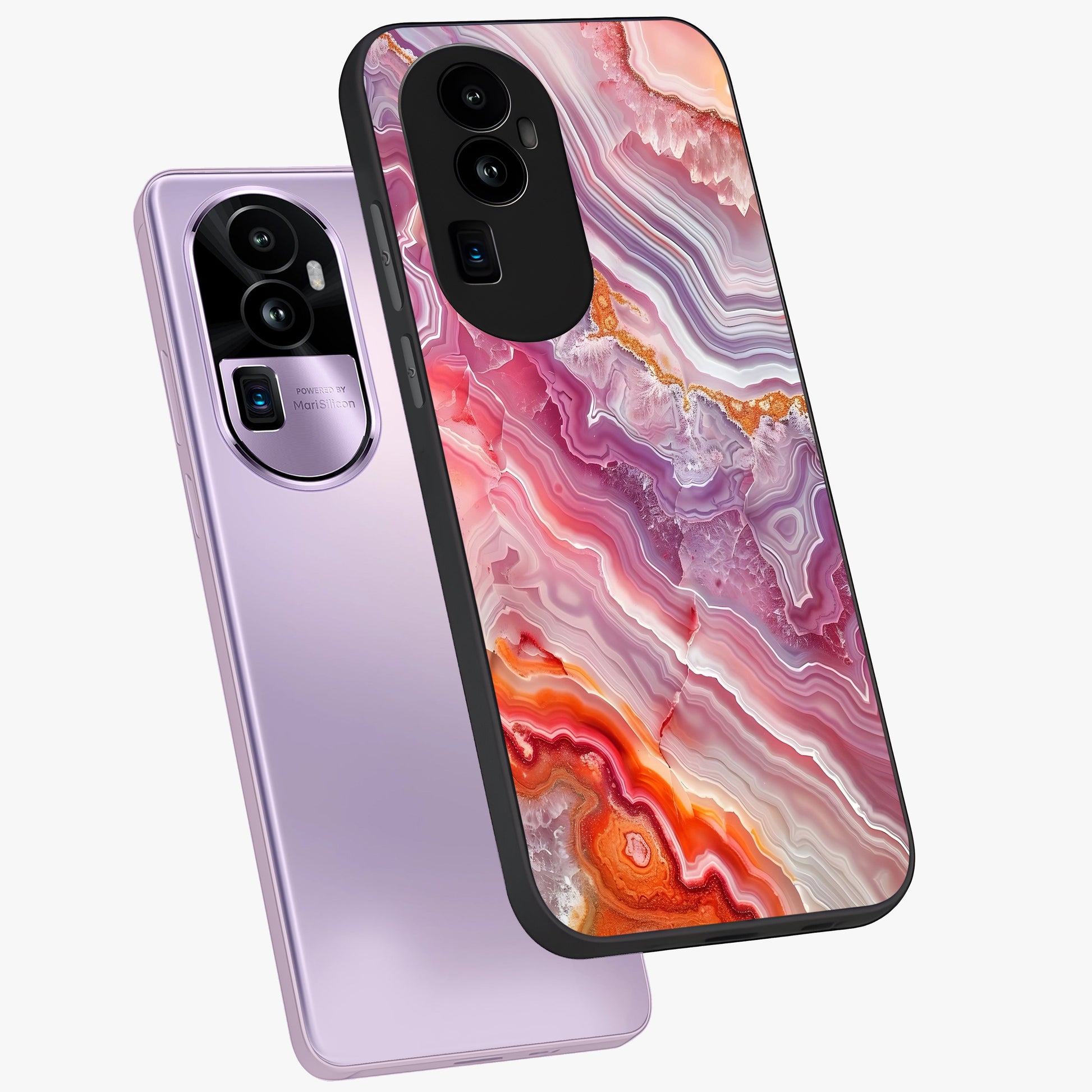 Rose Quartz Marble Glass Case displayed in angled mockup highlighting elegant marble pattern with soft aesthetic style.