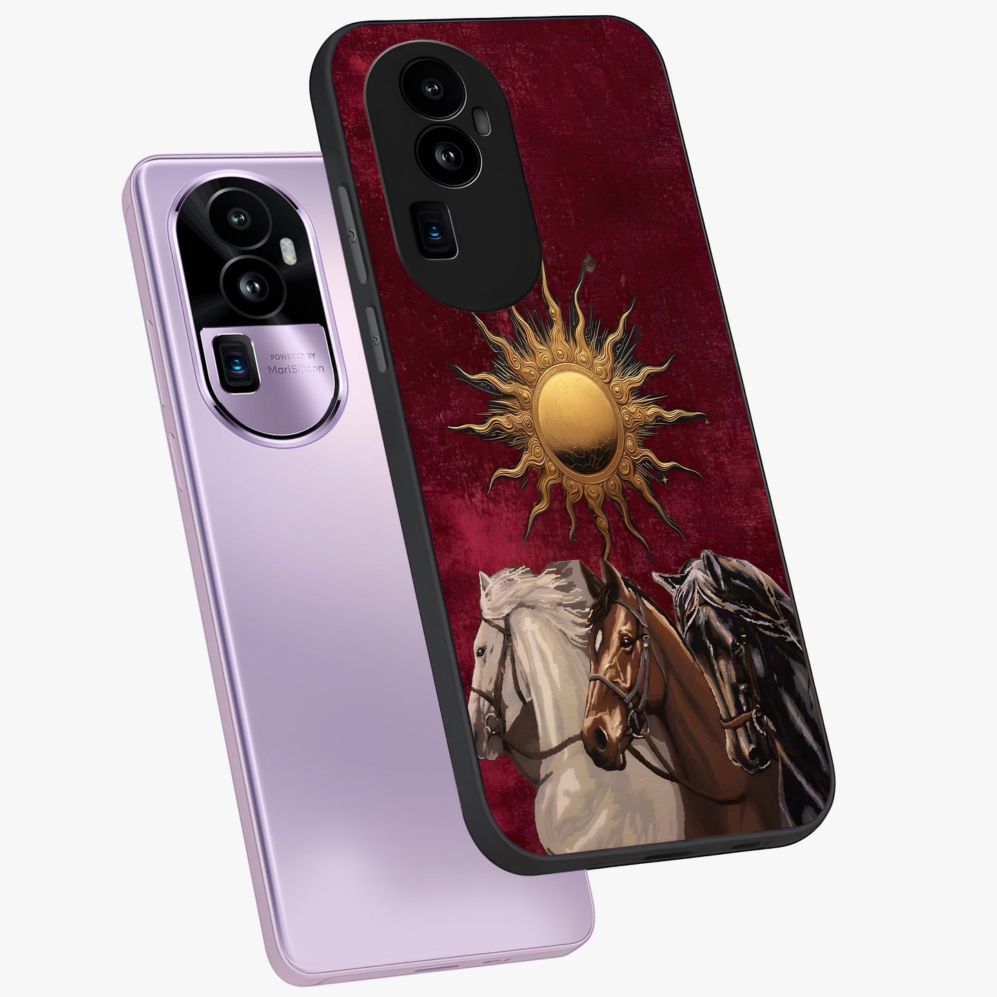 Solar Riders Glass Case displayed in angled mockup highlighting powerful rider illustration with radiant solar aesthetic.