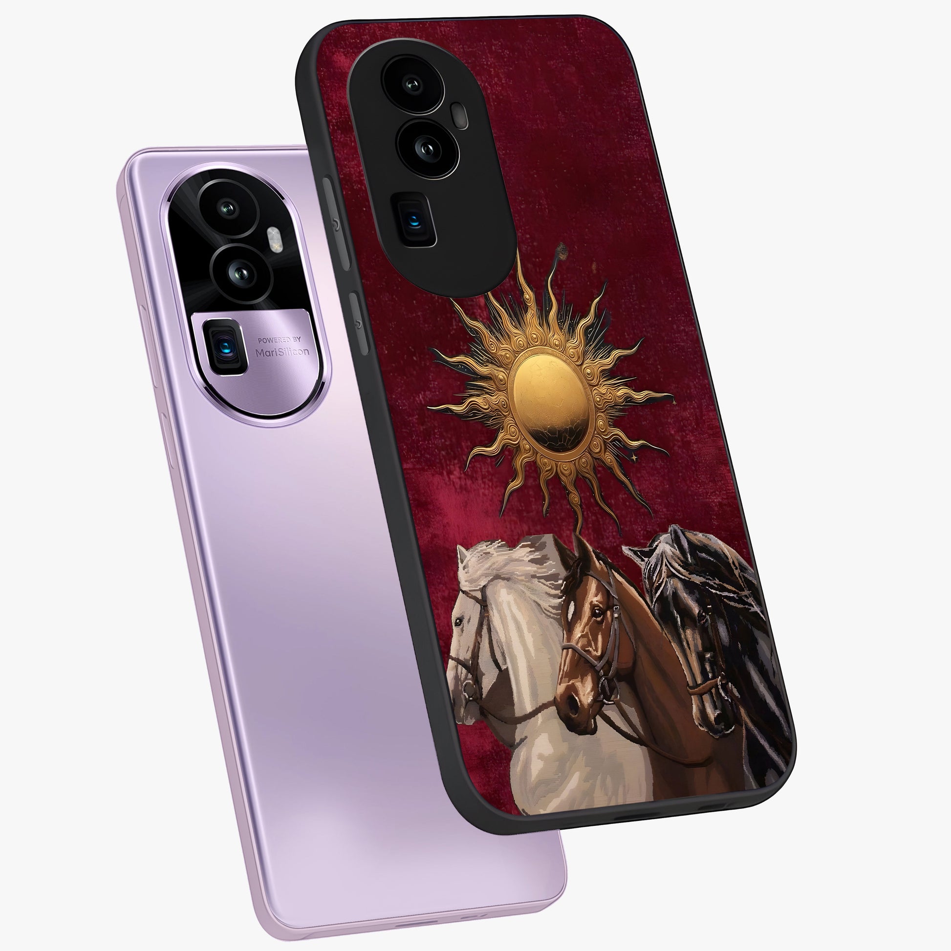 Solar Riders Glass Case displayed in angled mockup highlighting powerful rider illustration with radiant solar aesthetic.