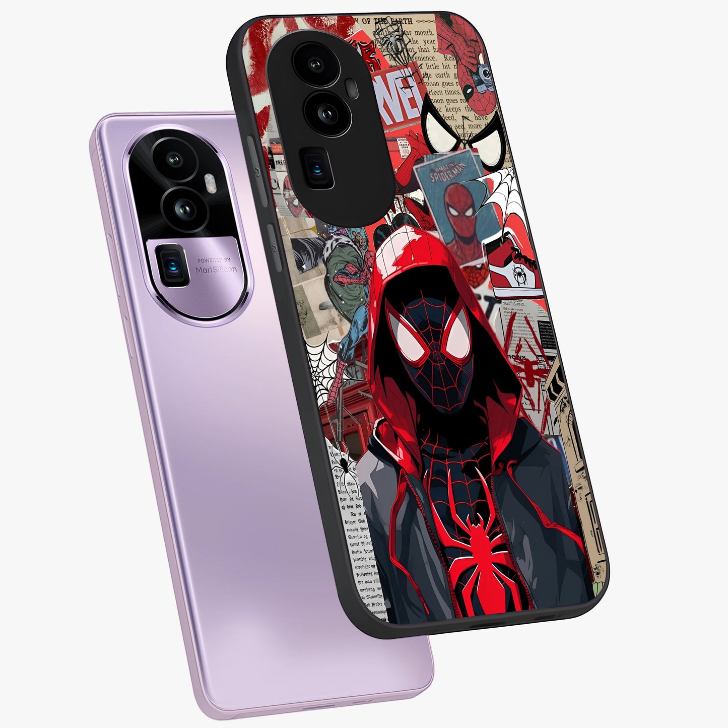 Spider Collage Street Glass Case displayed in angled mockup highlighting dynamic street style collage design with comic aesthetic.