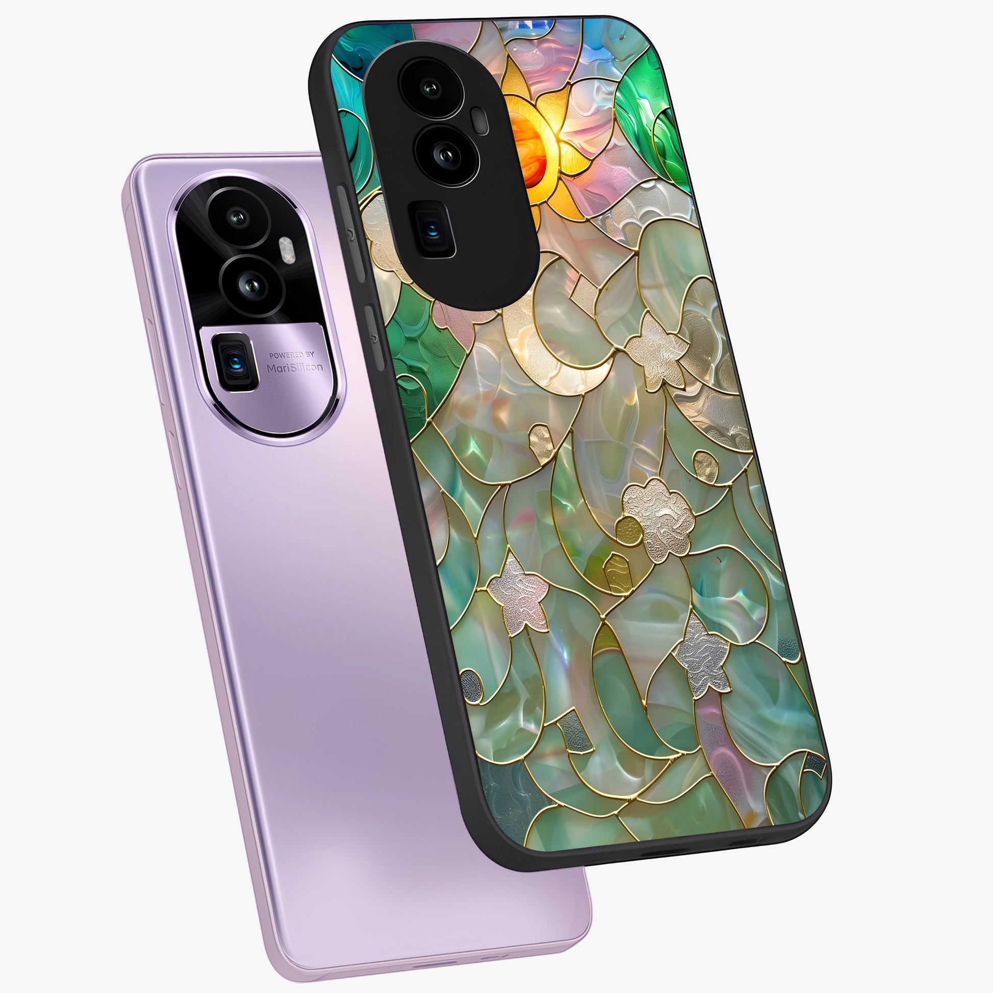 Stained Sunrise Glow Glass Case displayed in angled mockup highlighting radiant sunrise design with artistic aesthetic style.