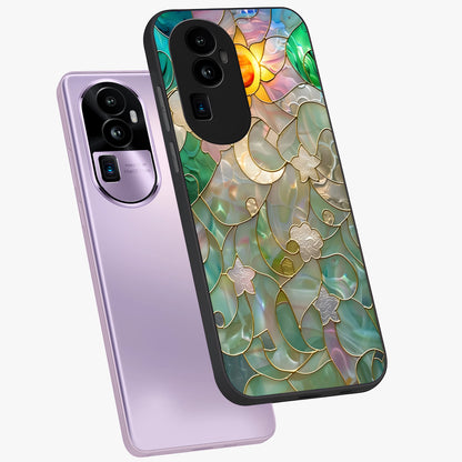 Stained Sunrise Glow Glass Case displayed in angled mockup highlighting radiant sunrise design with artistic aesthetic style.