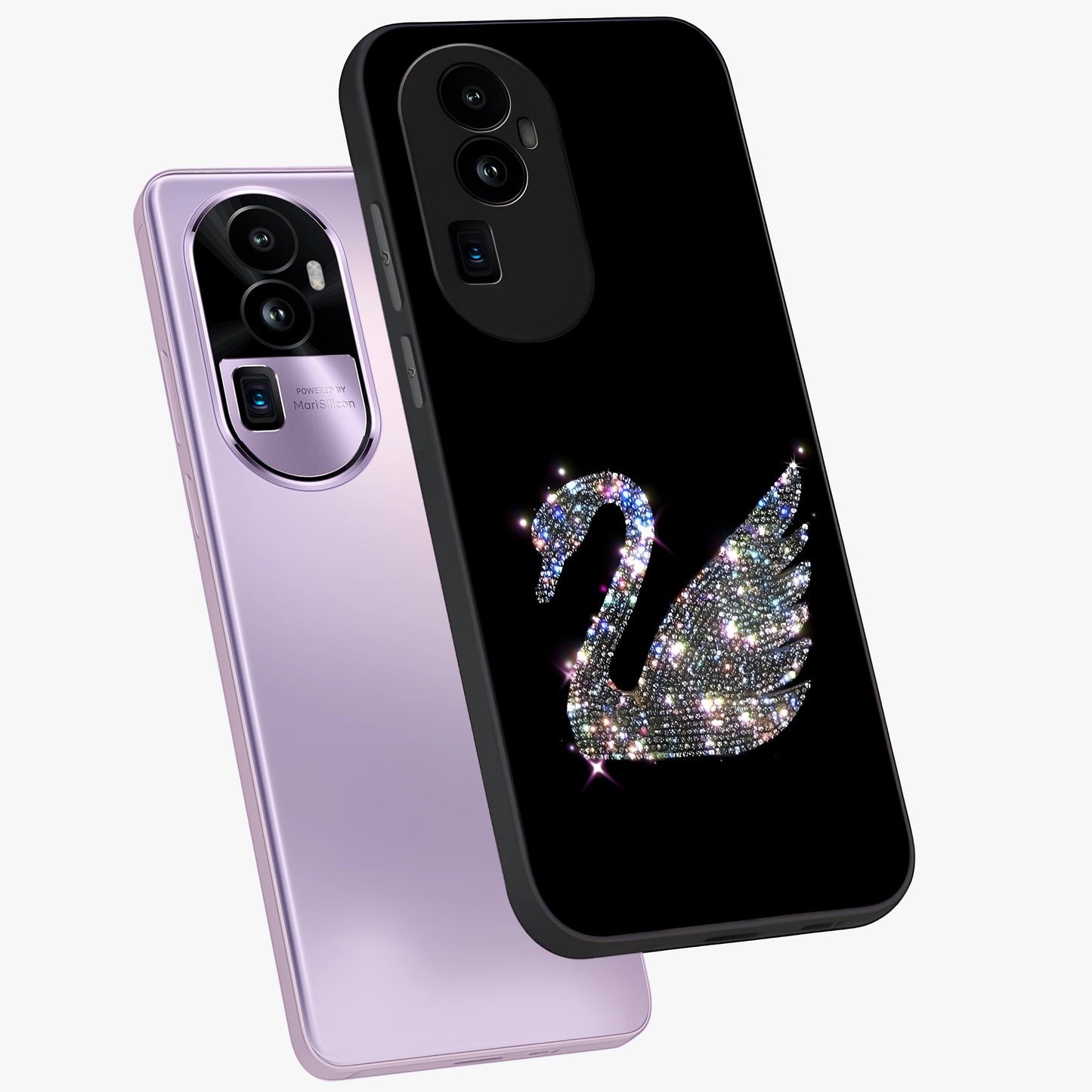 Starlit Swan Grace Glass Case displayed in angled mockup highlighting elegant swan illustration with dreamy celestial aesthetic.
