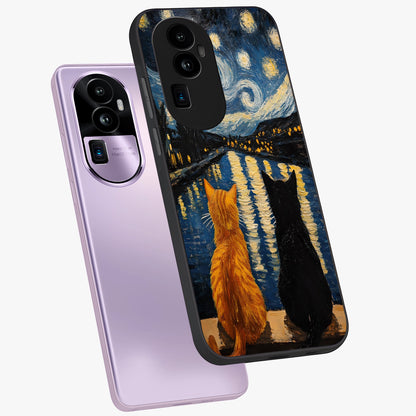 Starry River Cats Glass Case displayed in angled mockup highlighting charming feline illustration with dreamy night aesthetic.