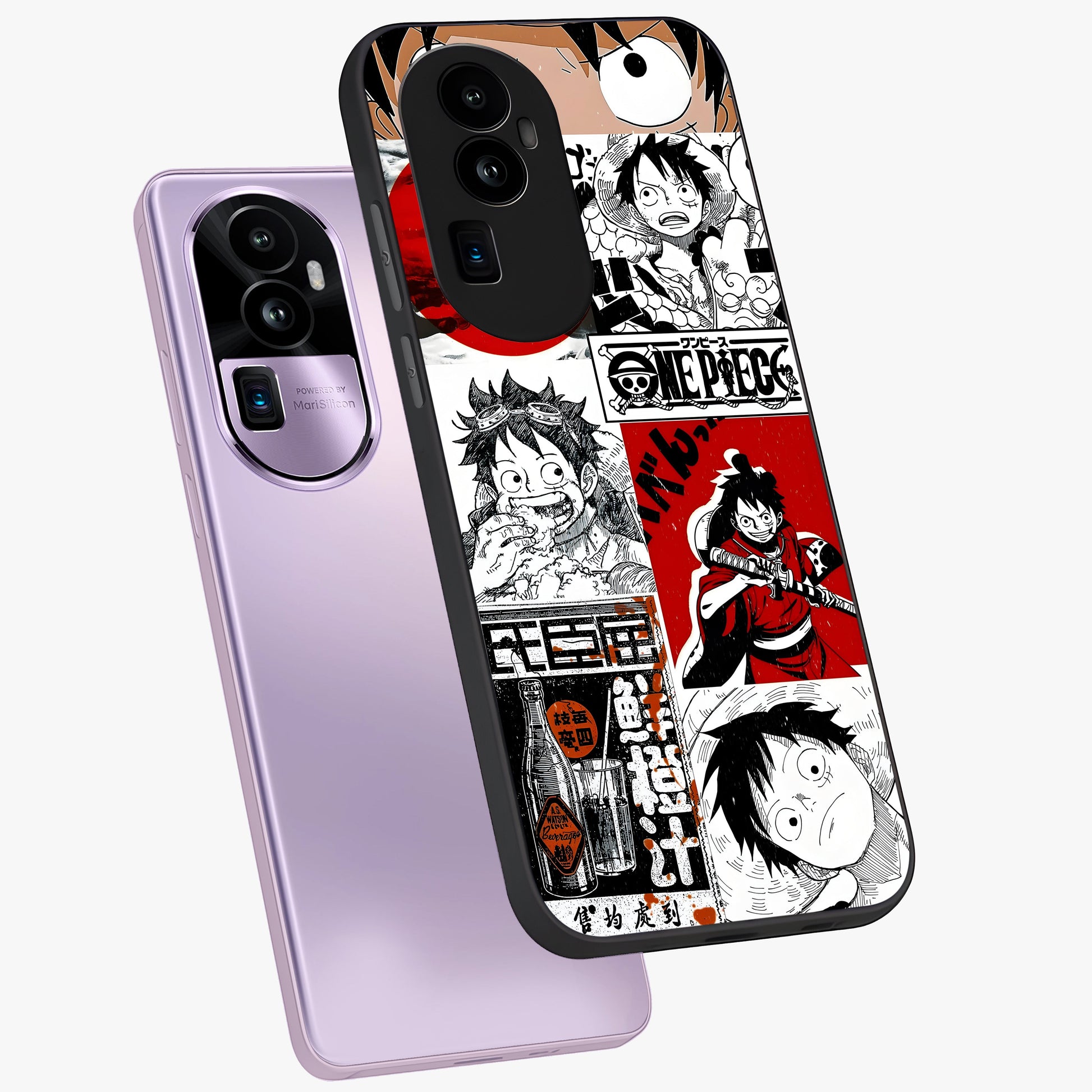 Strawhat Chaos Panels Glass Case displayed in angled mockup highlighting vibrant anime collage design with action aesthetic.