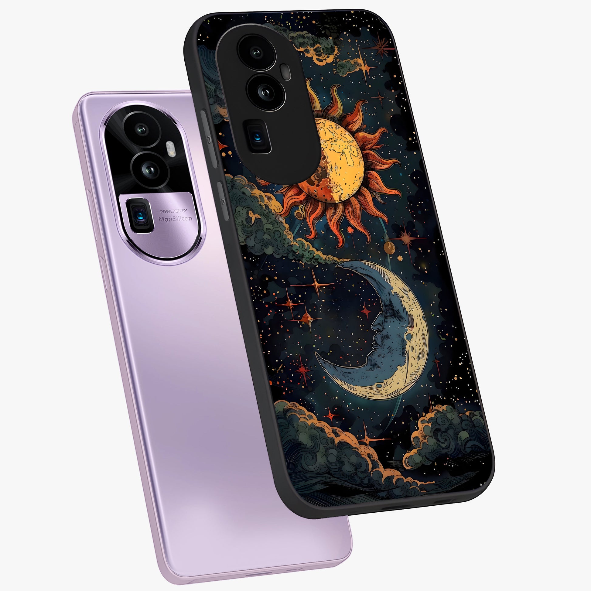 Sun And Moon Magic Design Glass Case displayed in angled mockup highlighting celestial design with magical cosmic aesthetic.