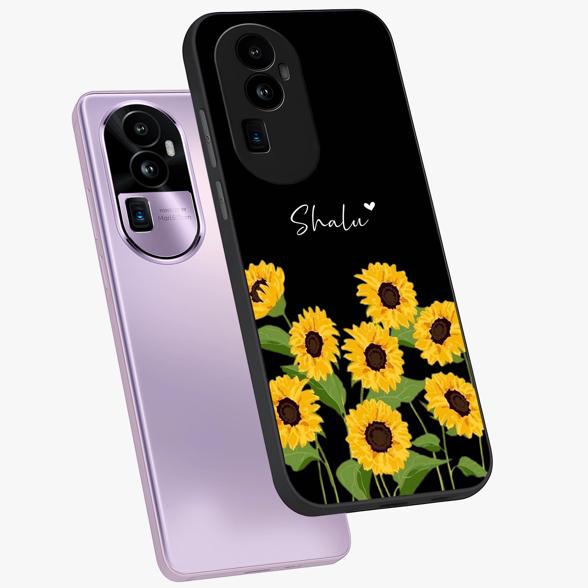 Sunflower Chic Mood Custom Name Glass Case displayed in angled mockup highlighting vibrant sunflower design with custom name feature.
