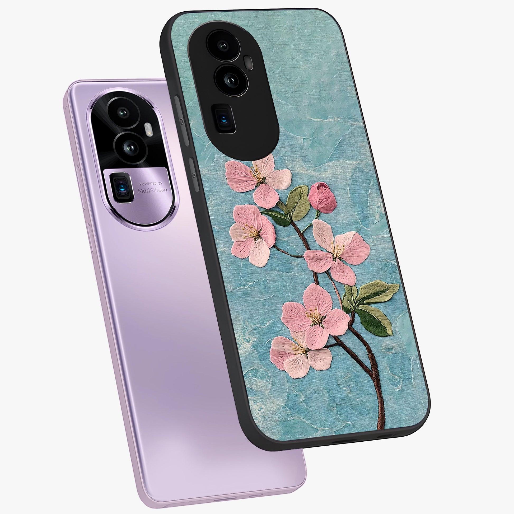 Threaded Blossom Breeze Glass Case displayed in angled mockup highlighting elegant floral design with soft aesthetic style.