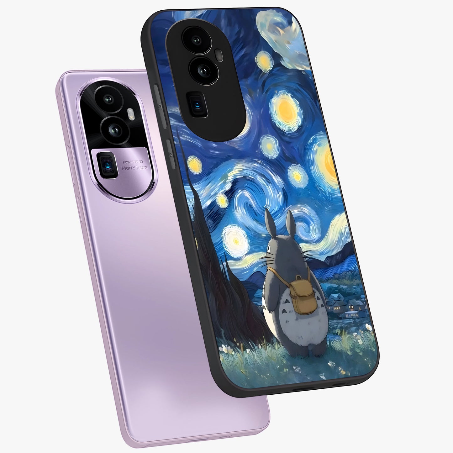 Totoro In Van Gogh Art Glass Case displayed in angled mockup highlighting artistic swirling sky design with playful animation aesthetic.