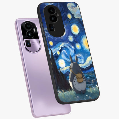 Totoro In Van Gogh Art Glass Case displayed in angled mockup highlighting artistic swirling sky design with playful animation aesthetic.