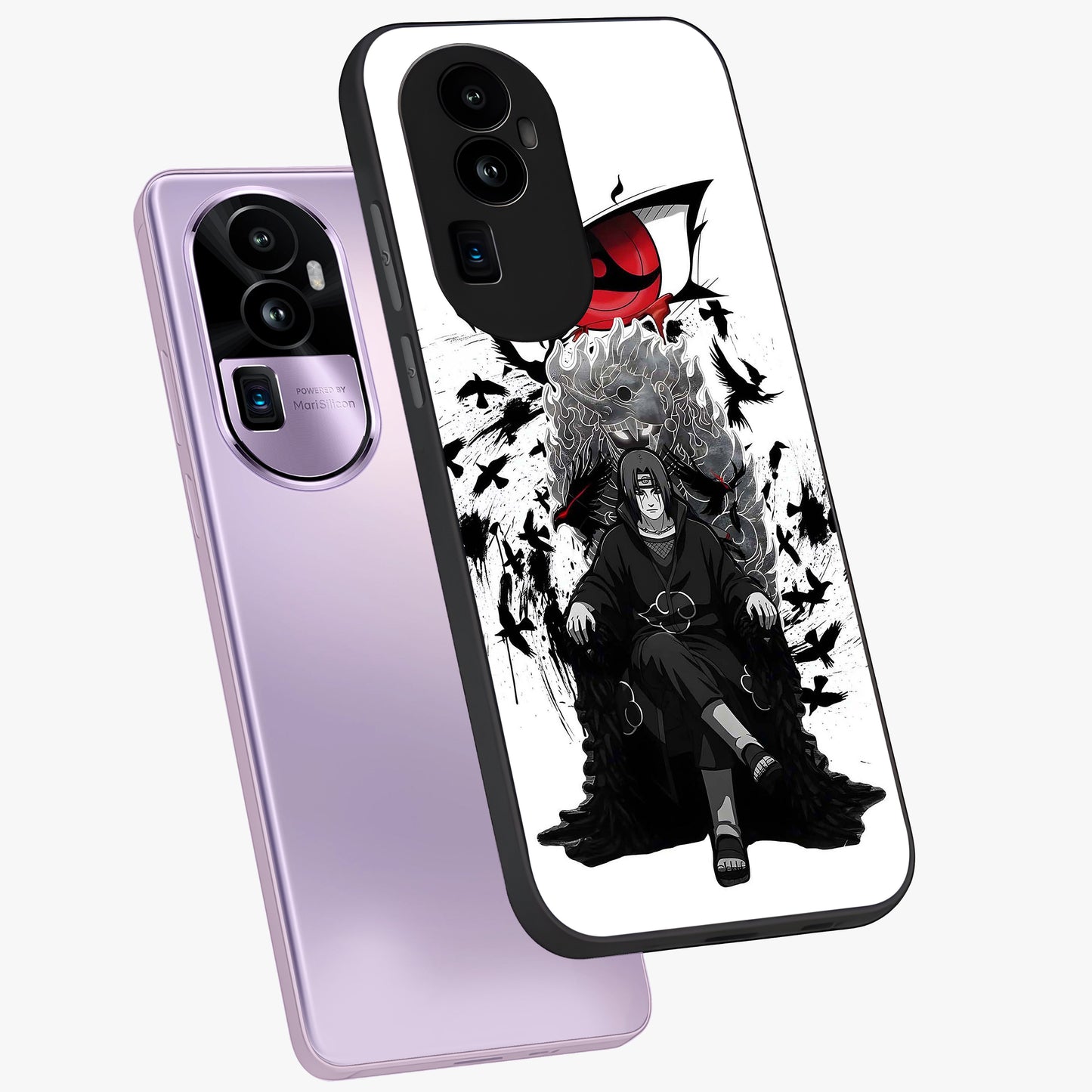 Uchiha Shadow Throne Glass Case displayed in angled mockup highlighting glowing aquatic design with celestial aesthetic.