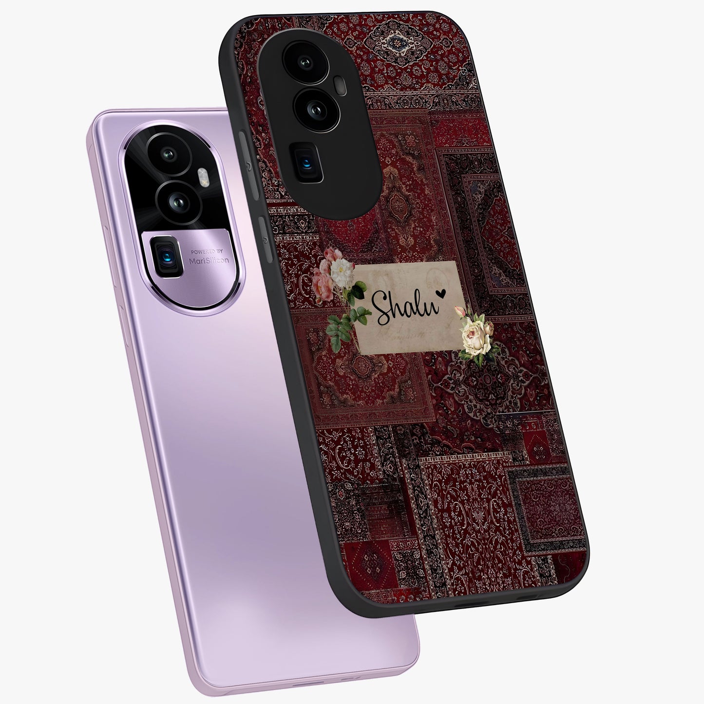 Velvet Wine Pattern Custom Name Glass Case displayed in angled mockup highlighting decorative velvet inspired design with custom name feature.