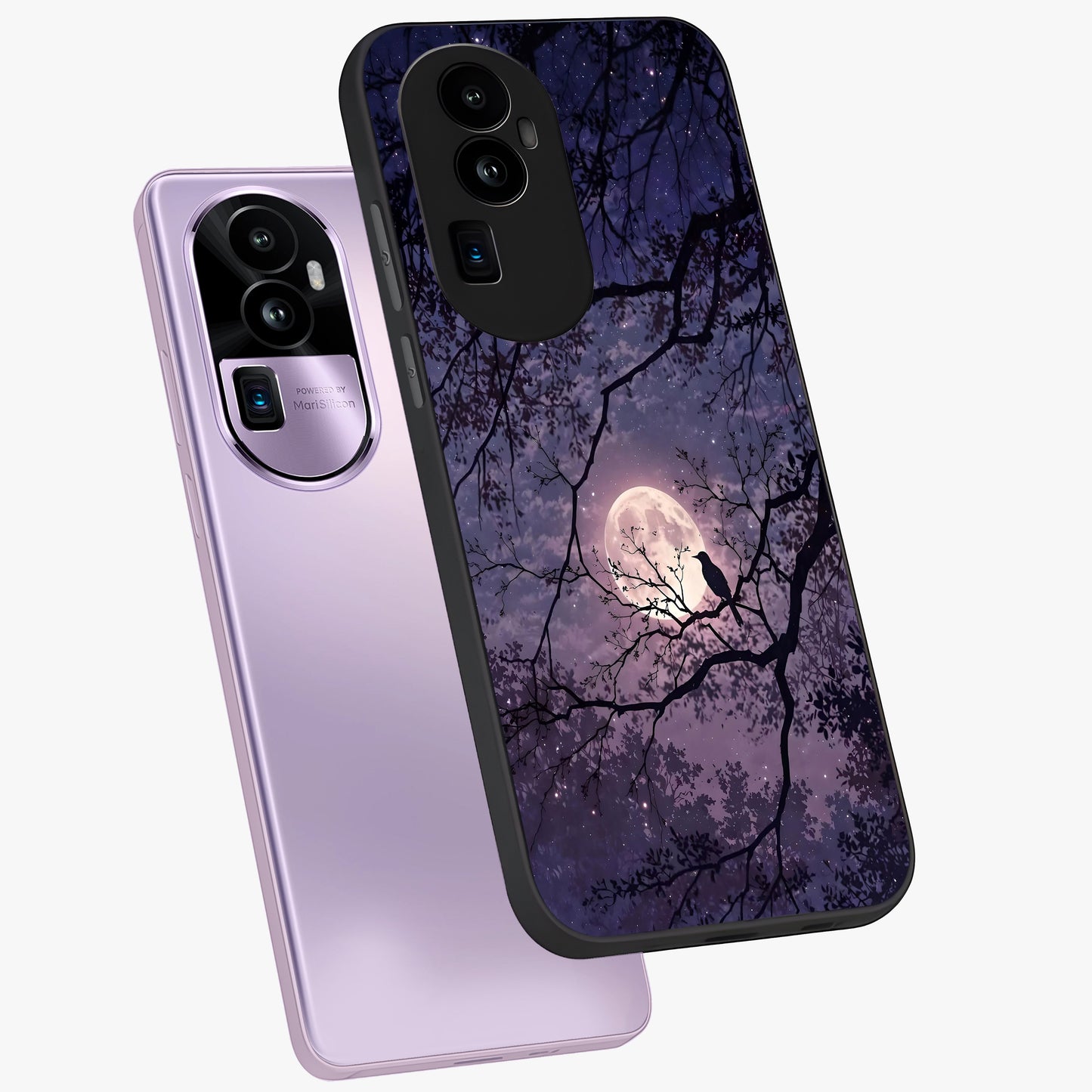 Whispering Moon Silence Glass Case displayed in angled mockup highlighting calm lunar design with dreamy night aesthetic.