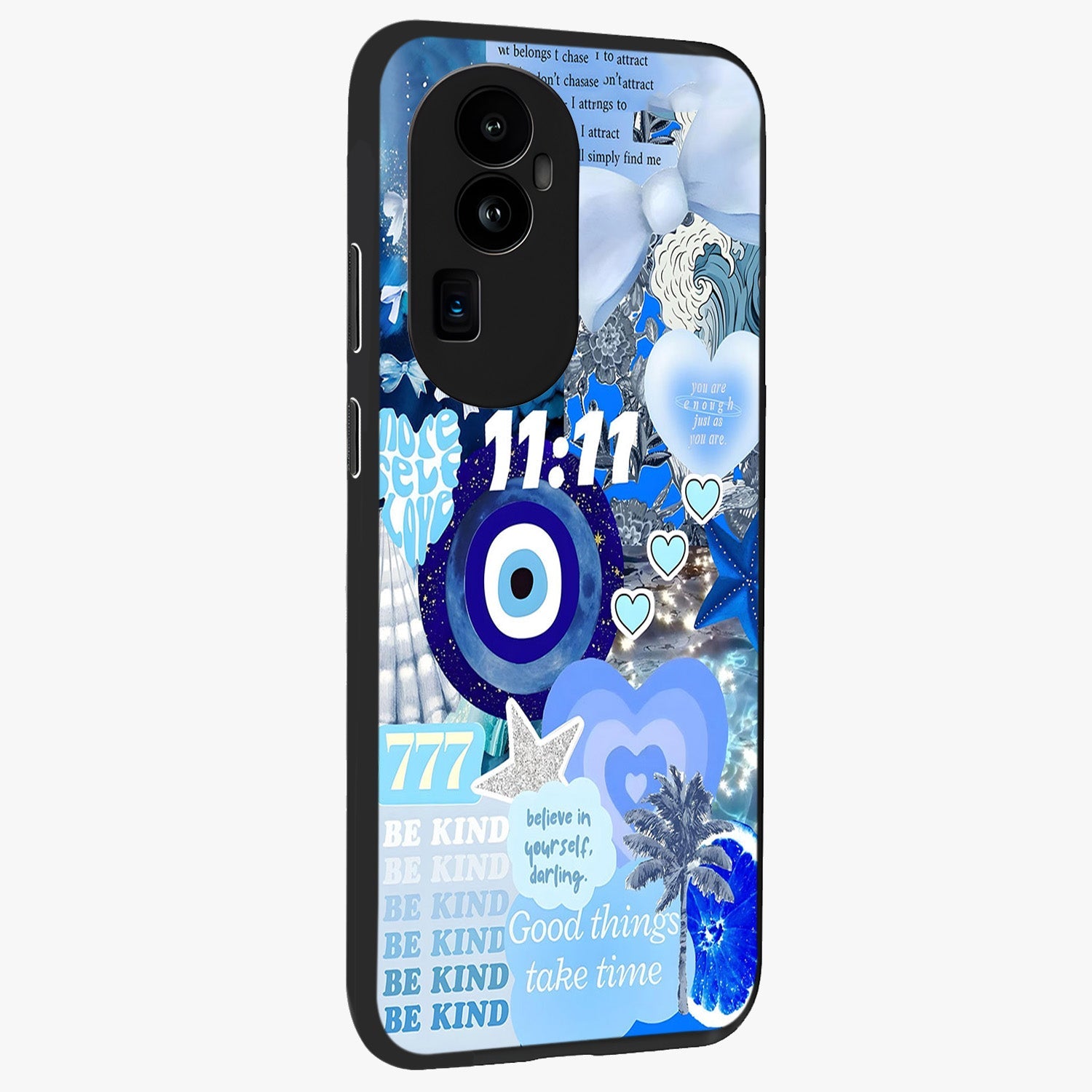 Aesthetic Be Kind Eye Glass Case upright view showcasing stylish eye illustration with positive message theme.