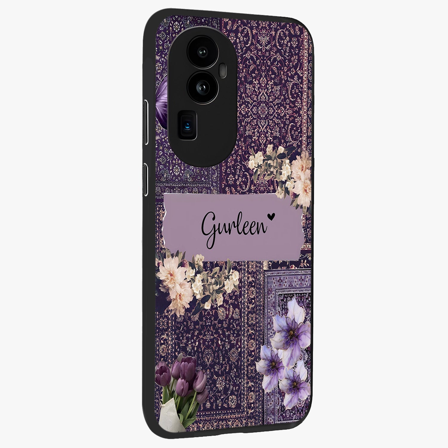 Antique Floral Whisper Custom Name Glass Case upright view showcasing delicate floral artwork with custom name feature.