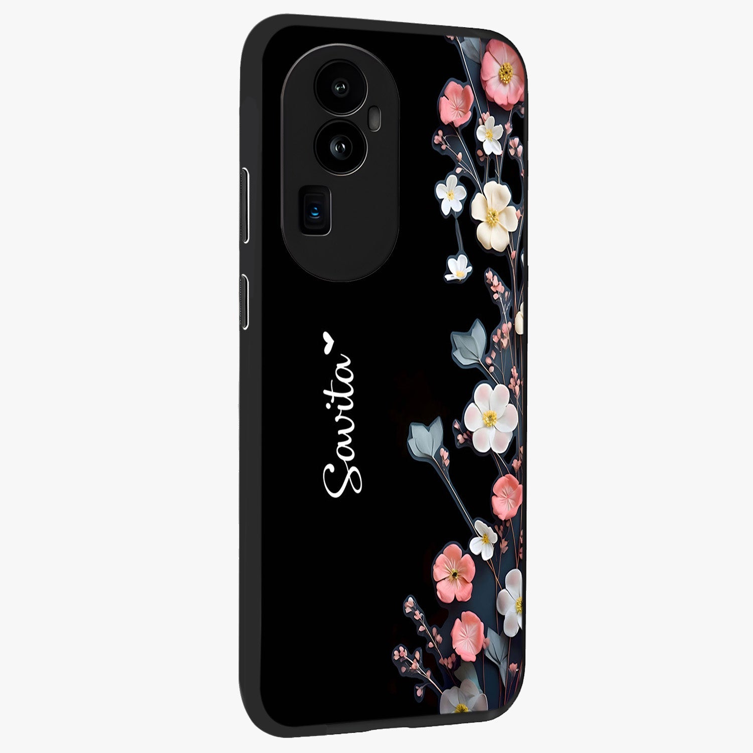 Black Elegance Floral Custom Name Glass Case upright view showcasing luxurious black floral design with personalized name detail.