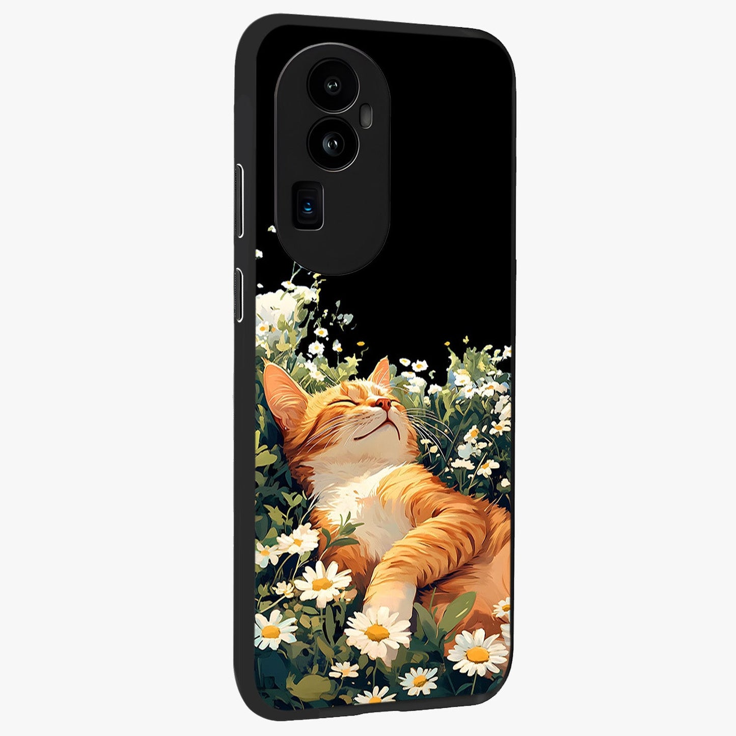 Blissful Bloom Cat Glass Case upright view showcasing charming cat design surrounded by blooming floral elements.