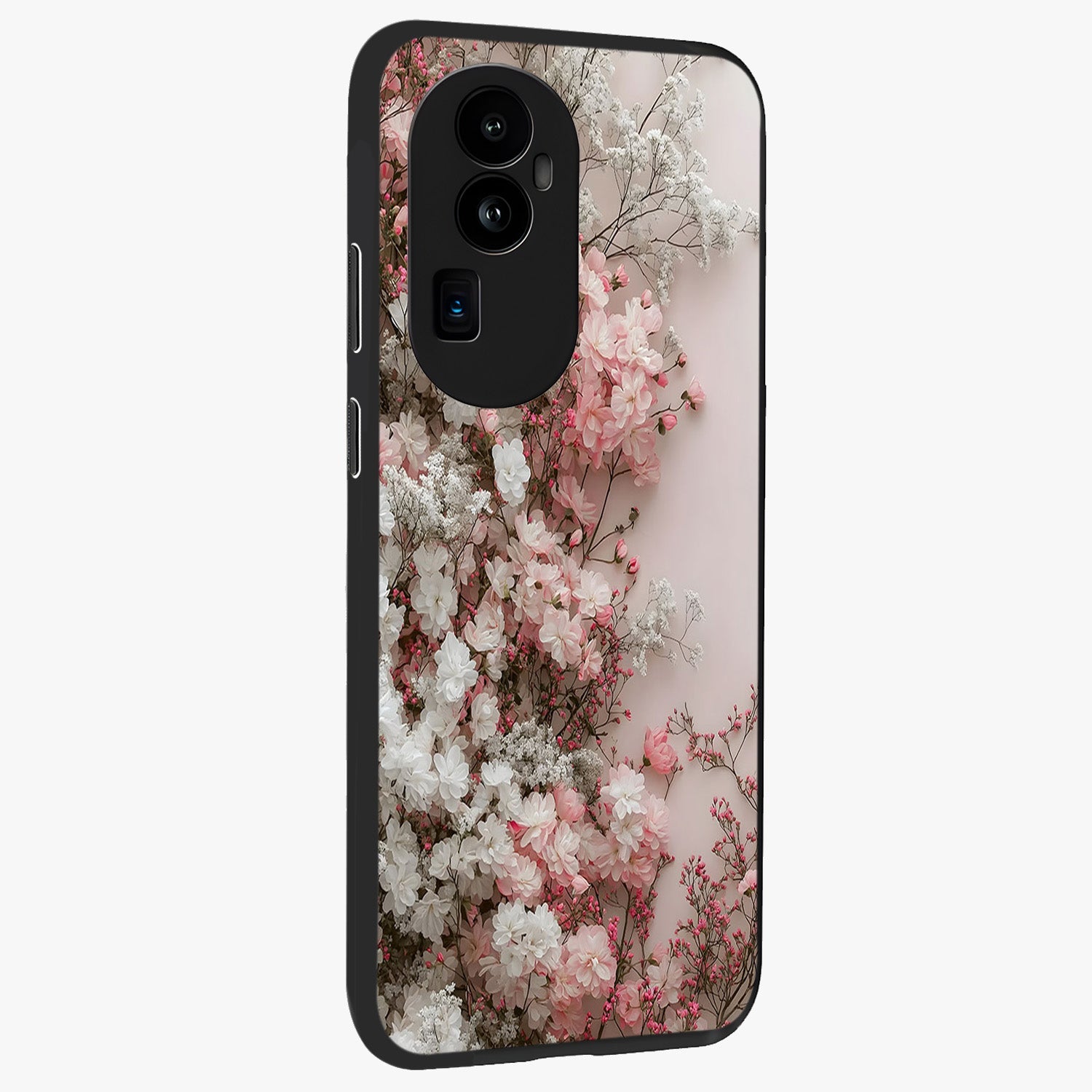 Blush Blossom Cloud Glass Case upright view showcasing calm floral cloud artwork with gentle dreamy theme.