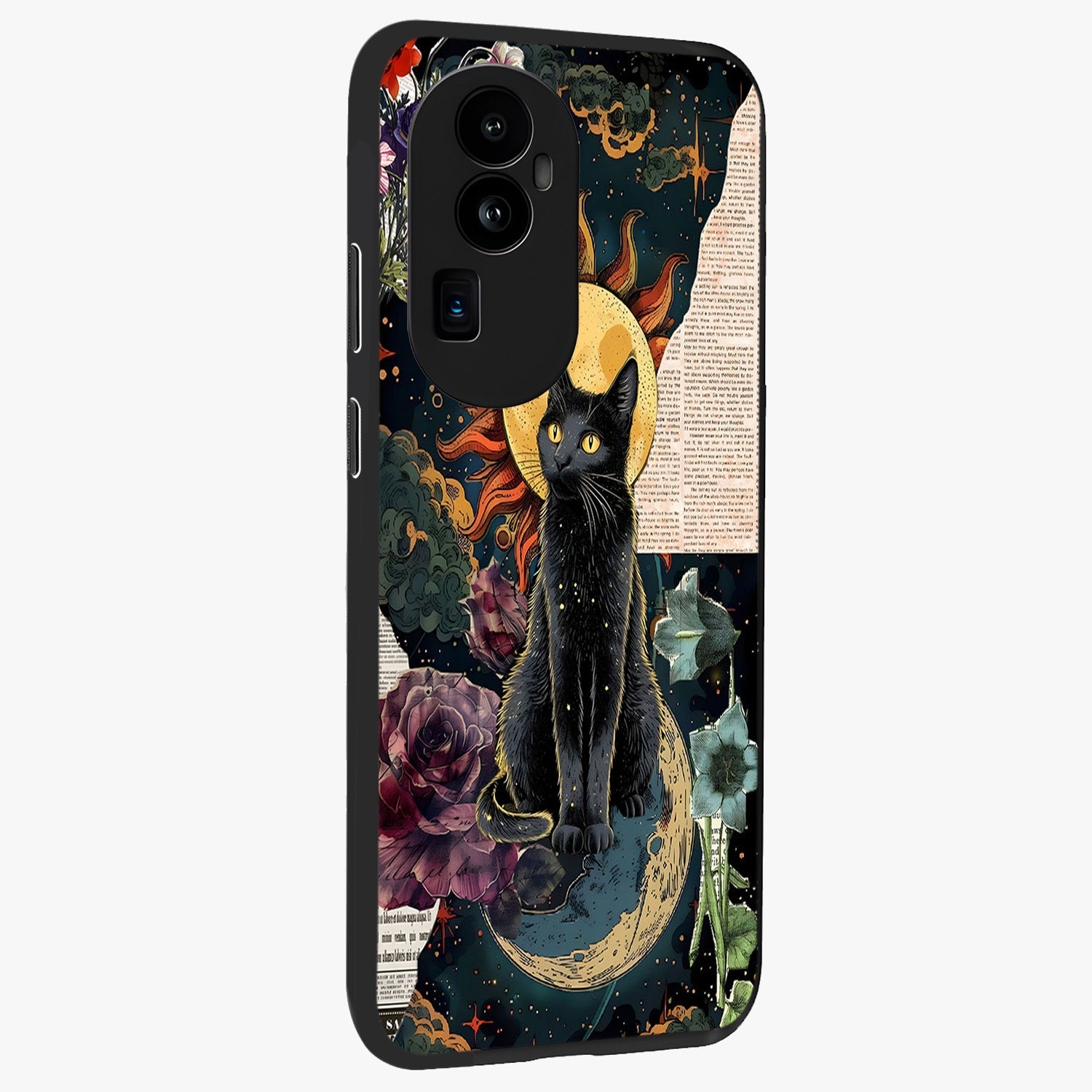 Celestial Black Cat Glass Case upright view showcasing magical black cat illustration with starry cosmic theme.