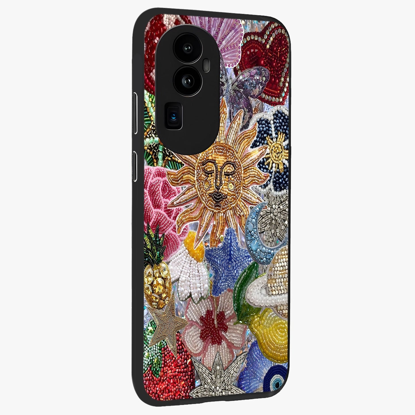 Celestial Floral and Playful Glass Case upright view showcasing whimsical floral artwork with cosmic aesthetic theme.