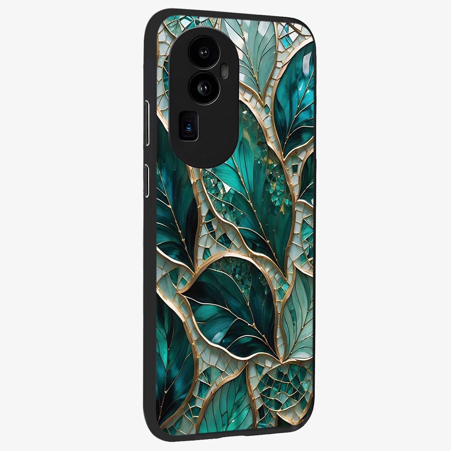 Emerald Leaf Glass Glass Case upright view showcasing fresh green leaf artwork with calming nature inspired style.