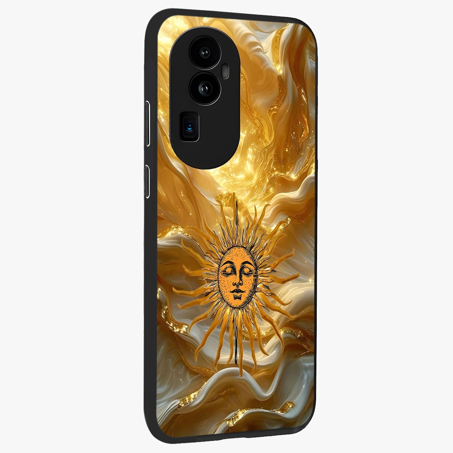 Eternal Golden Glow Glass Case upright view showcasing luminous golden artwork with luxurious visual theme.