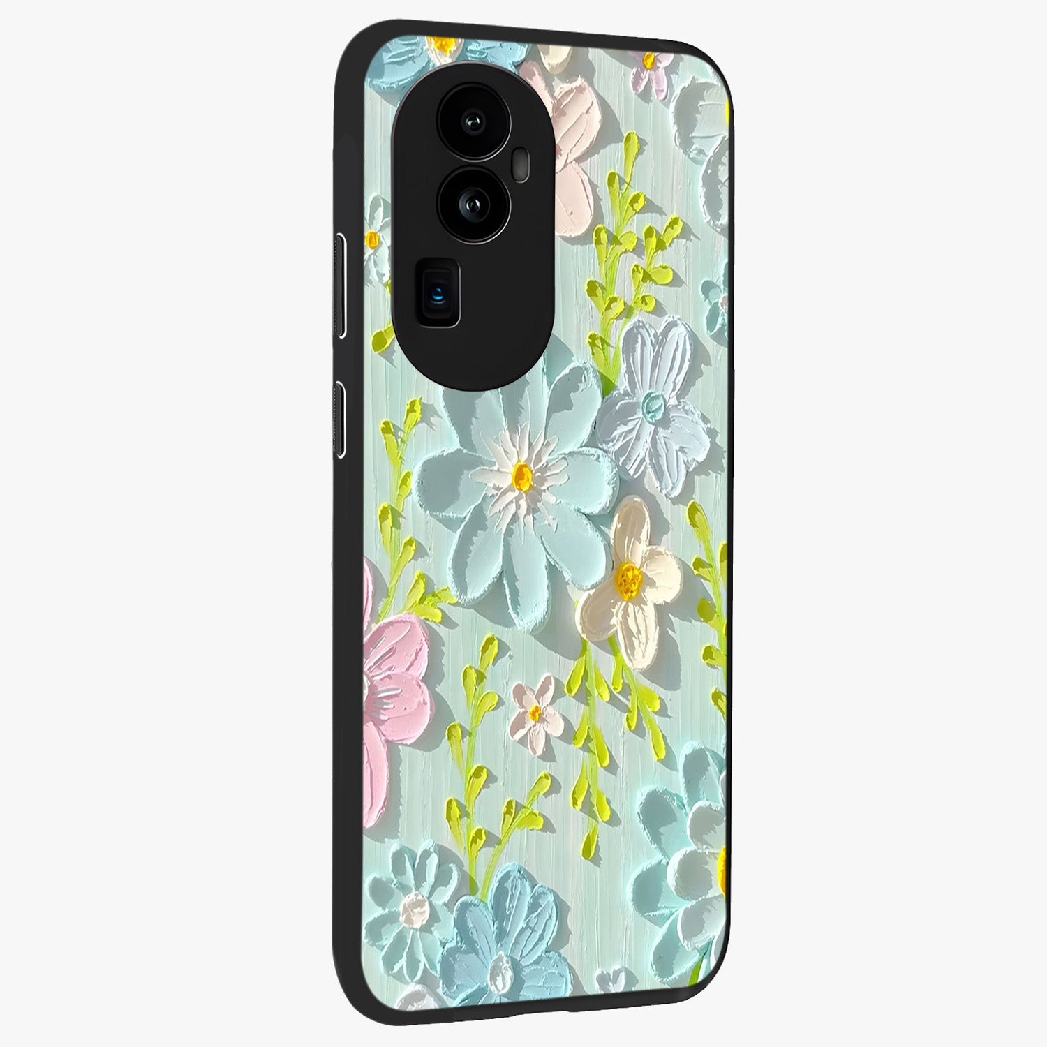 Frosted Petal Garden Glass Case upright view showcasing elegant floral garden artwork with soothing pastel theme.