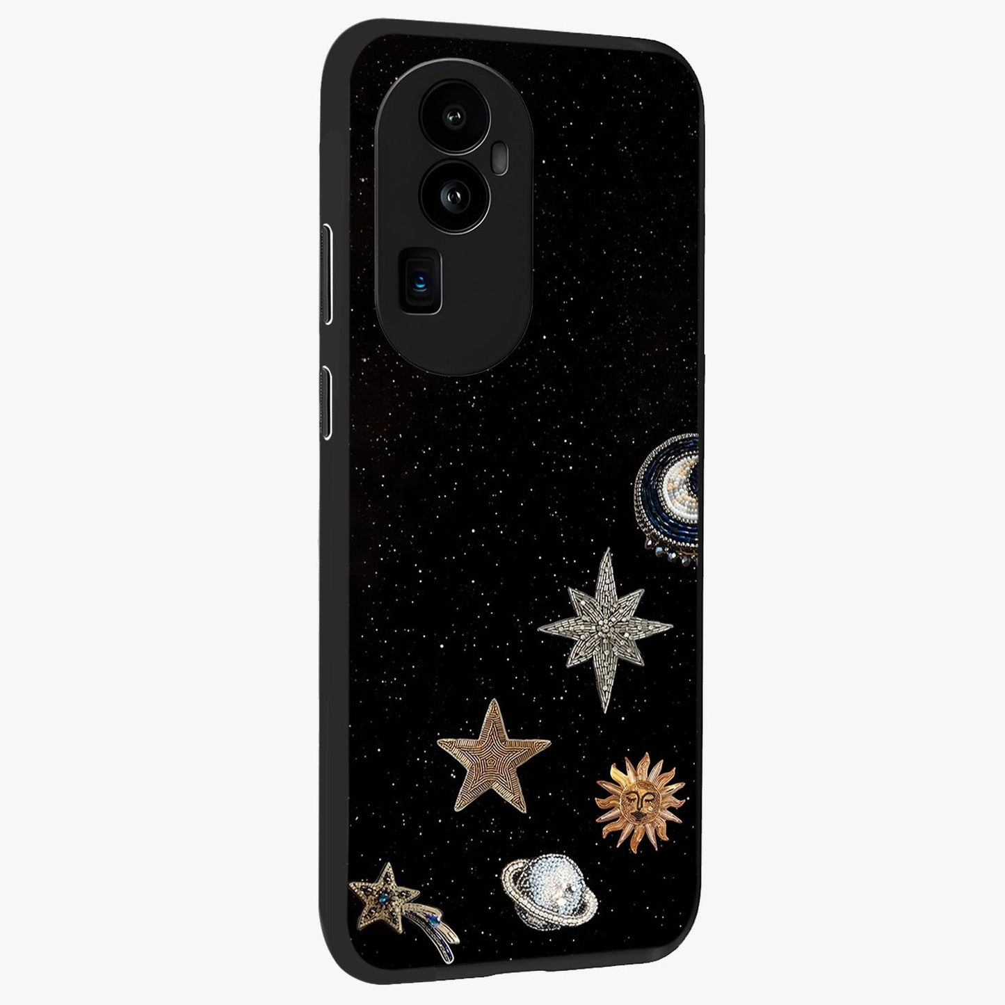 Galactic Charm Glow Glass Case upright view showcasing glowing cosmic charm artwork with magical celestial style.