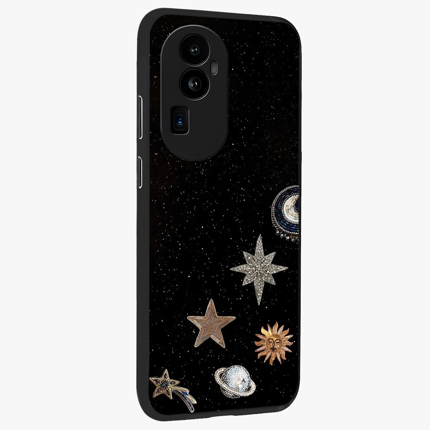 Galactic Charm Glow Glass Case upright view showcasing glowing cosmic charm artwork with magical celestial style.