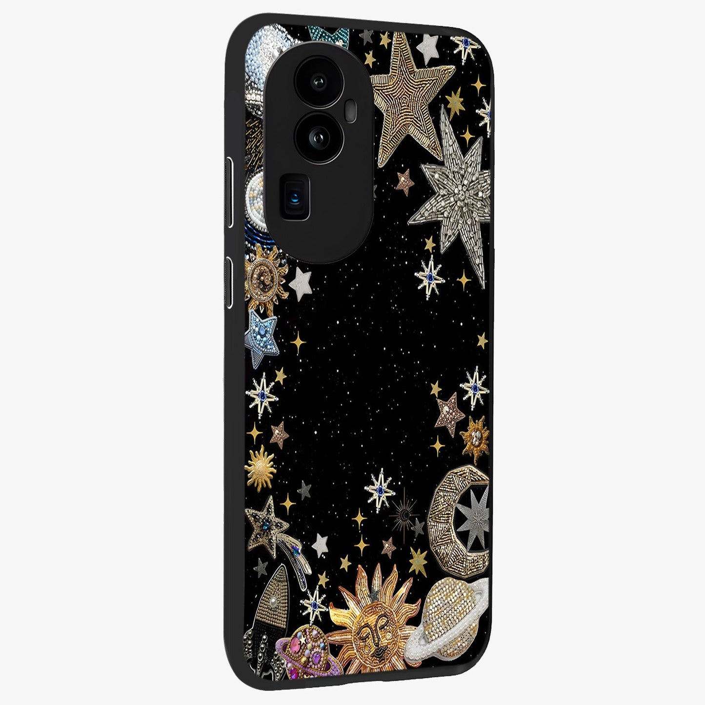 Galactic Jewel Stars Glass Case upright view showcasing glittering star jewel artwork with vibrant galaxy theme.