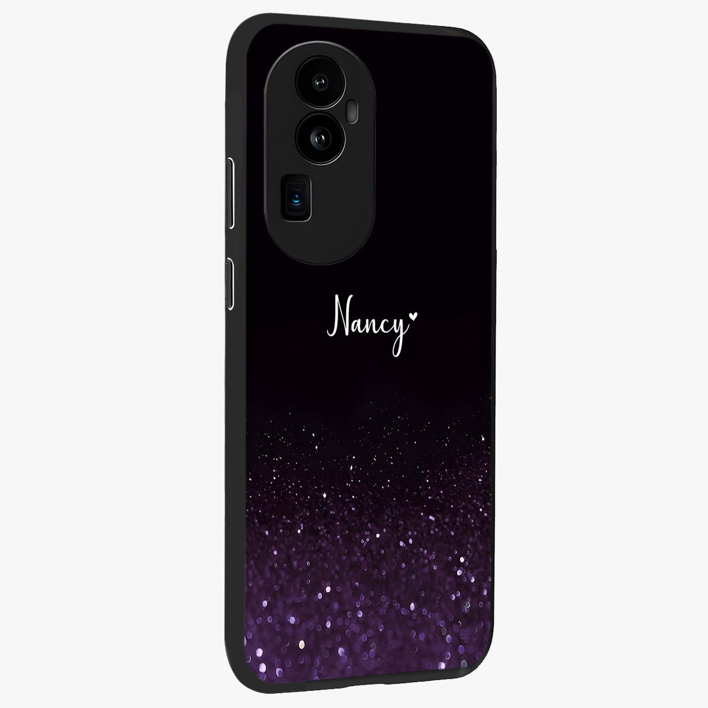 Glittery Purple Bokeh Custom Name Glass Case upright view showcasing vibrant purple sparkle artwork with personalized aesthetic style.