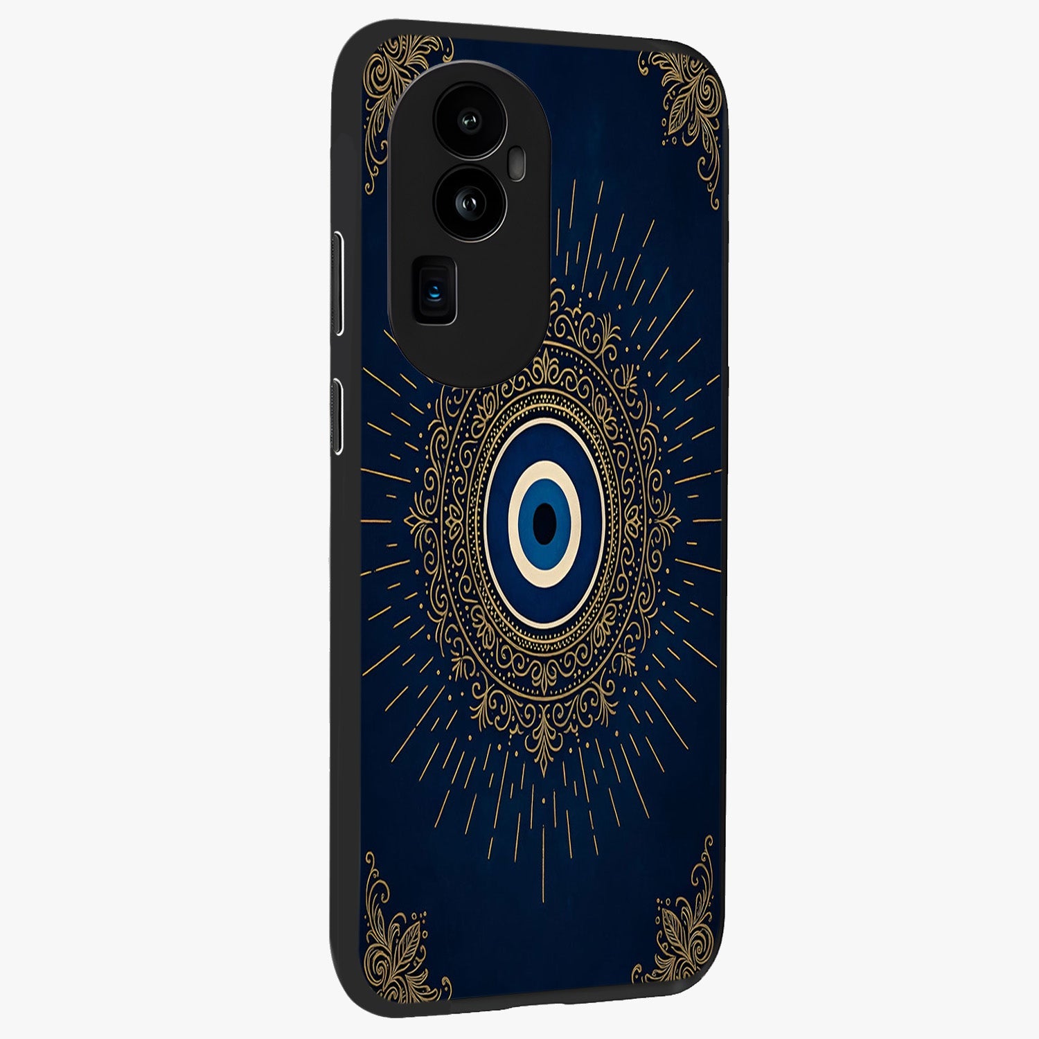 Golden Celestial Charm Glass Case upright view showcasing radiant celestial artwork with elegant golden theme.