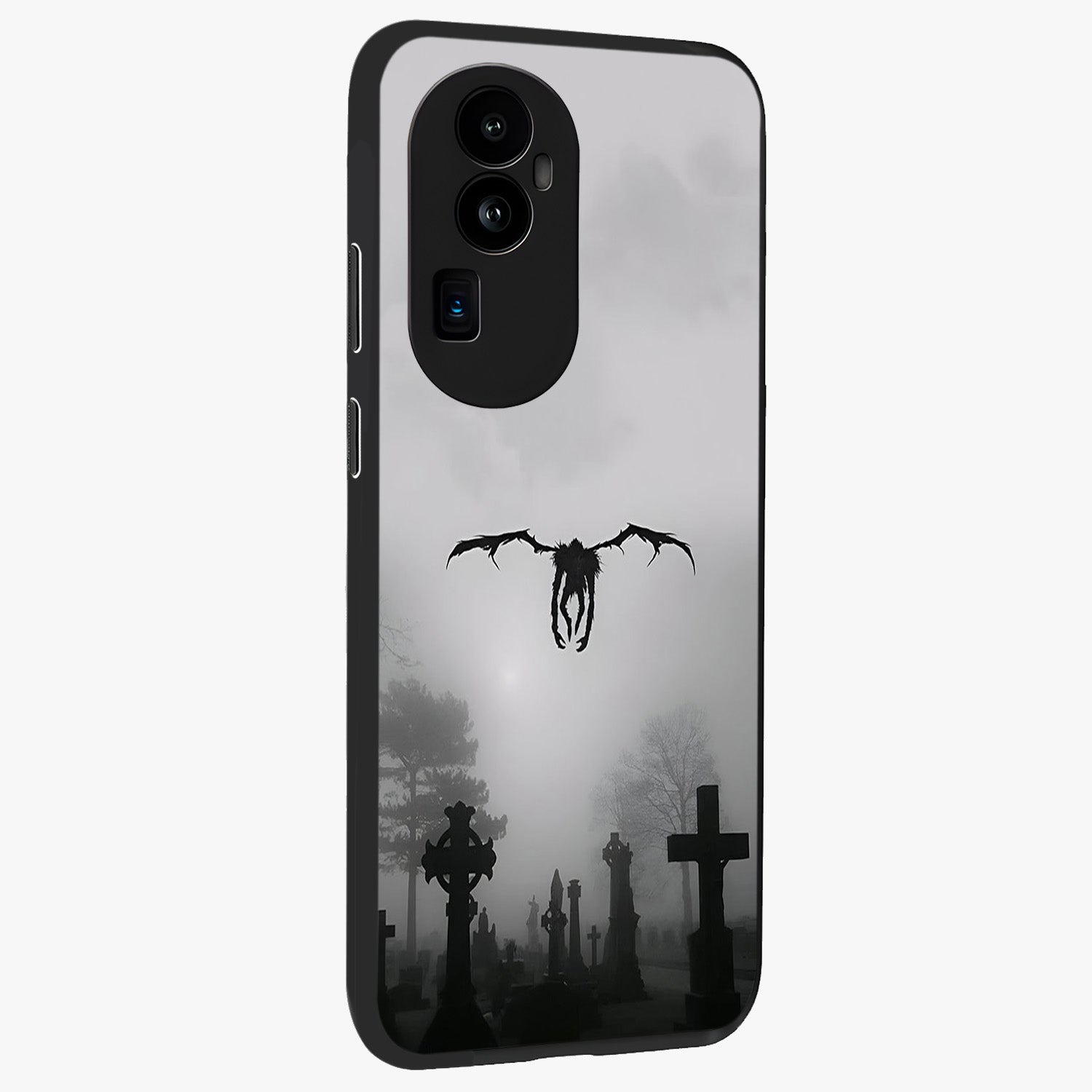 Graveyard Shadow Descent Glass Case upright view showcasing haunting graveyard artwork with dramatic dark theme.