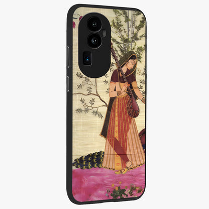 Lady With Veena Art Glass Case upright view showcasing classical veena artwork with traditional artistic theme.