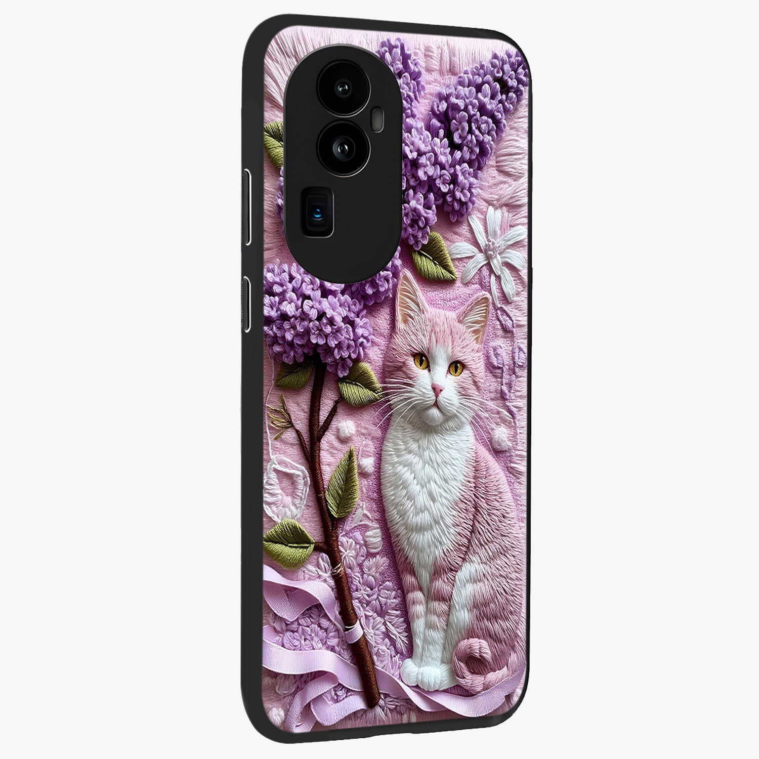 Lavender Cat Whimsy Glass Case upright view showcasing charming cat artwork with whimsical lavender theme.