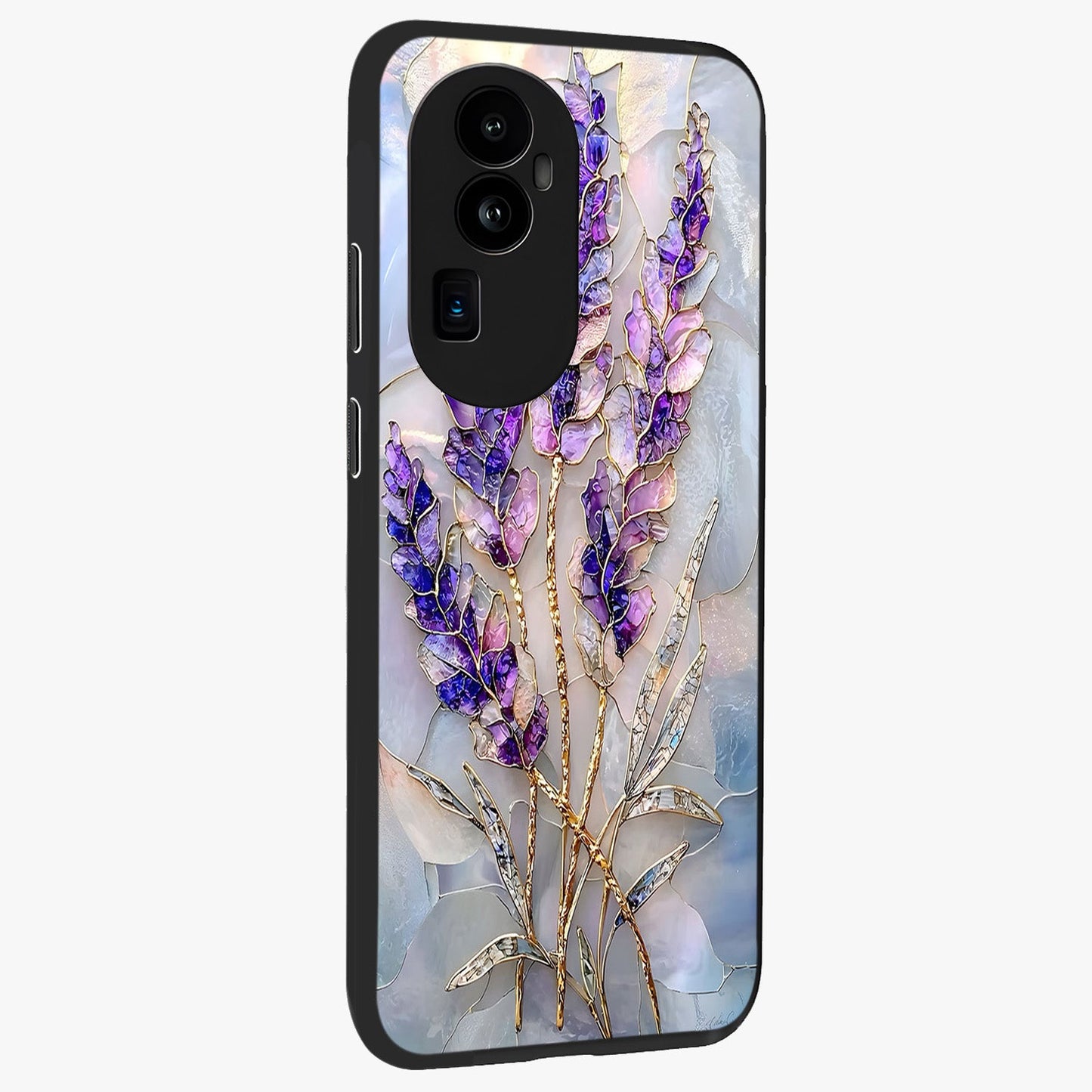 Lavender Dream Glow Glass Case upright view showcasing radiant lavender glow artwork with calming dreamy theme.