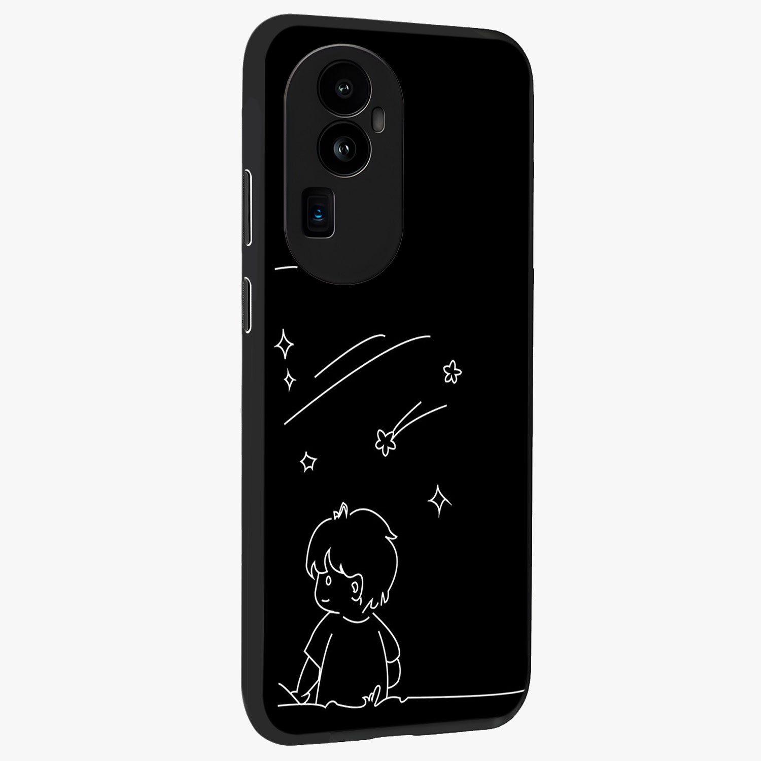 Line Art Boy With Shooting Stars Glass Case upright view showcasing artistic shooting star illustration with minimal style.