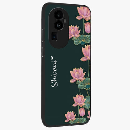 Lotus Bloom Serenity Custom Name Glass Case upright view showcasing serene lotus bloom artwork with personalized floral aesthetic.