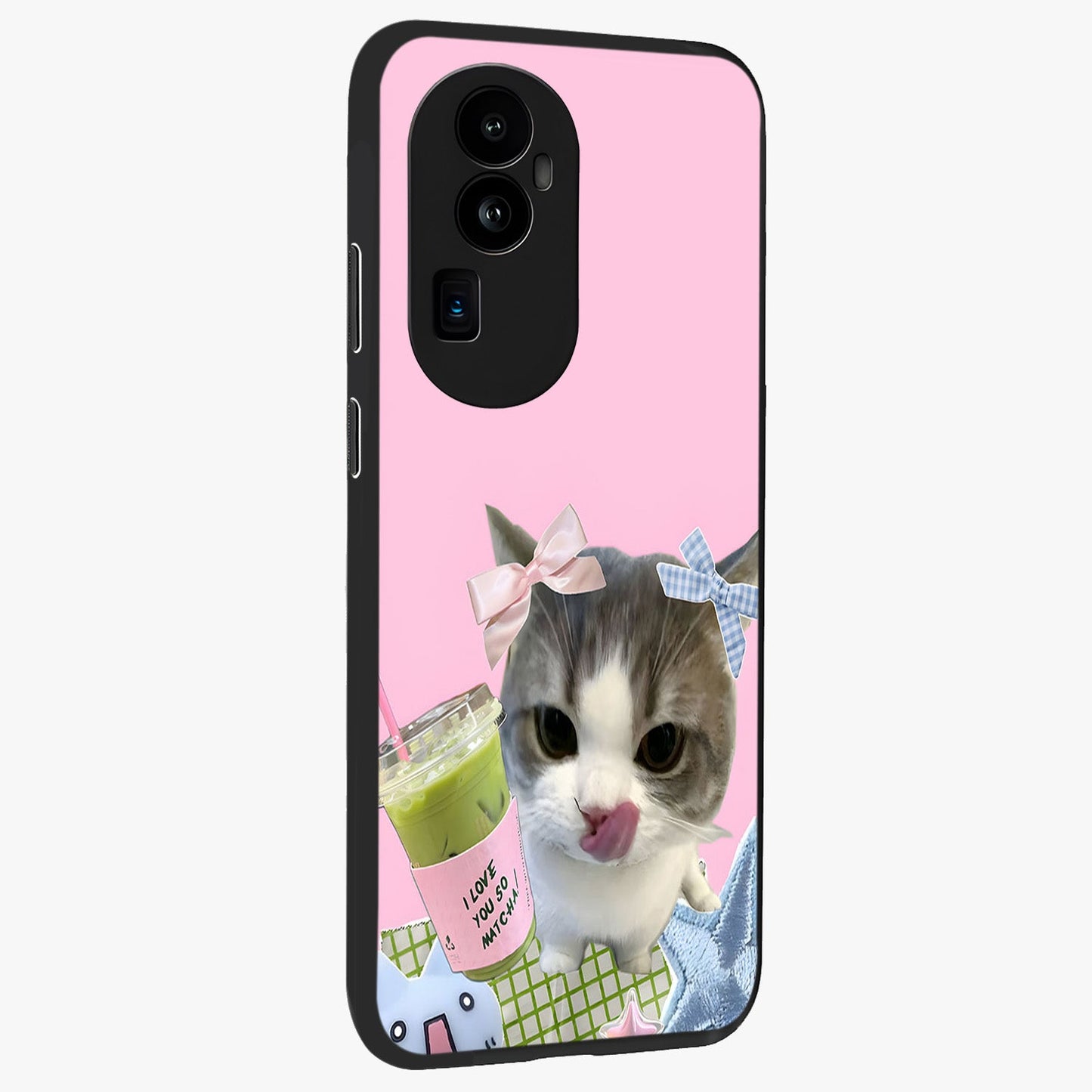 Love Matcha Cat Glass Case upright view showcasing adorable cat artwork with charming matcha themed design.