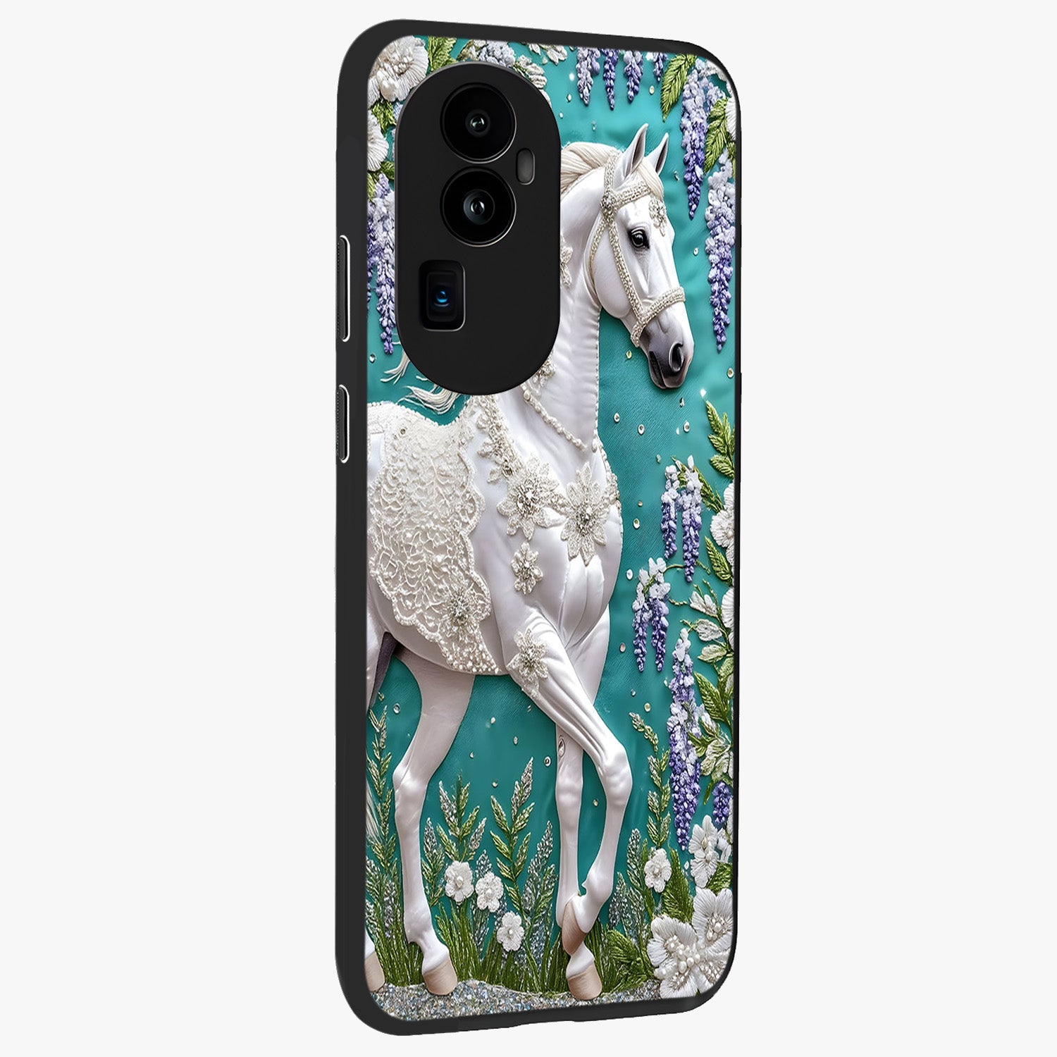 Majestic Floral Stallion Glass Case upright view showcasing dramatic horse artwork with decorative floral theme.