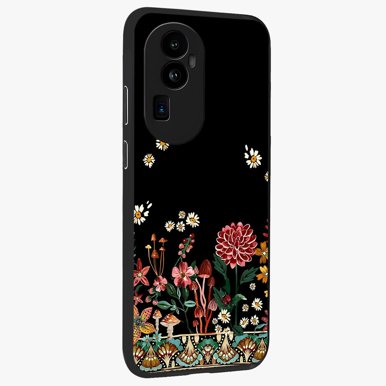 Midnight Bloom Pattern Glass Case upright view showcasing decorative floral artwork with deep night themed palette.