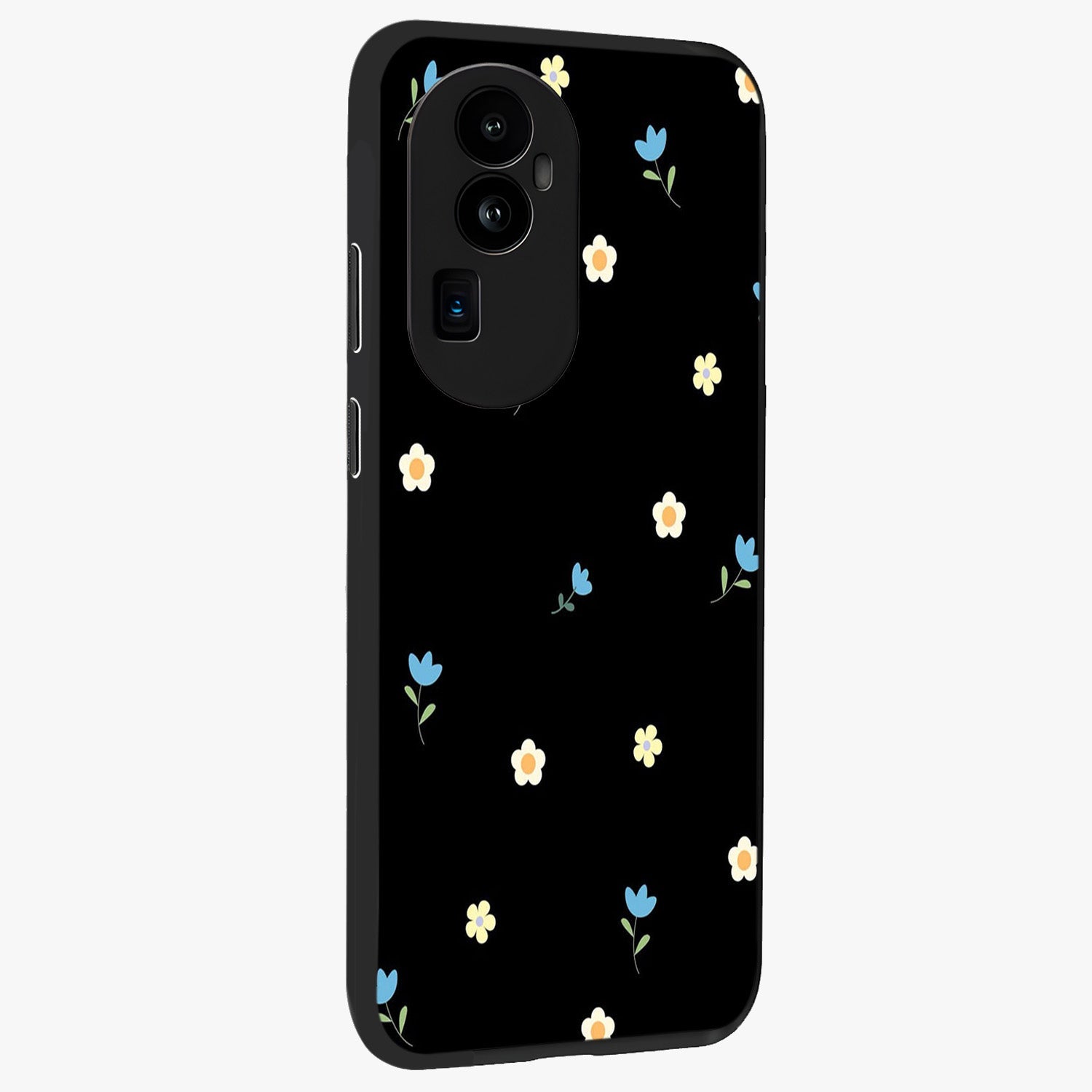 Minimal Petal Whispers Glass Case upright view showcasing elegant floral artwork with modern minimalist style.