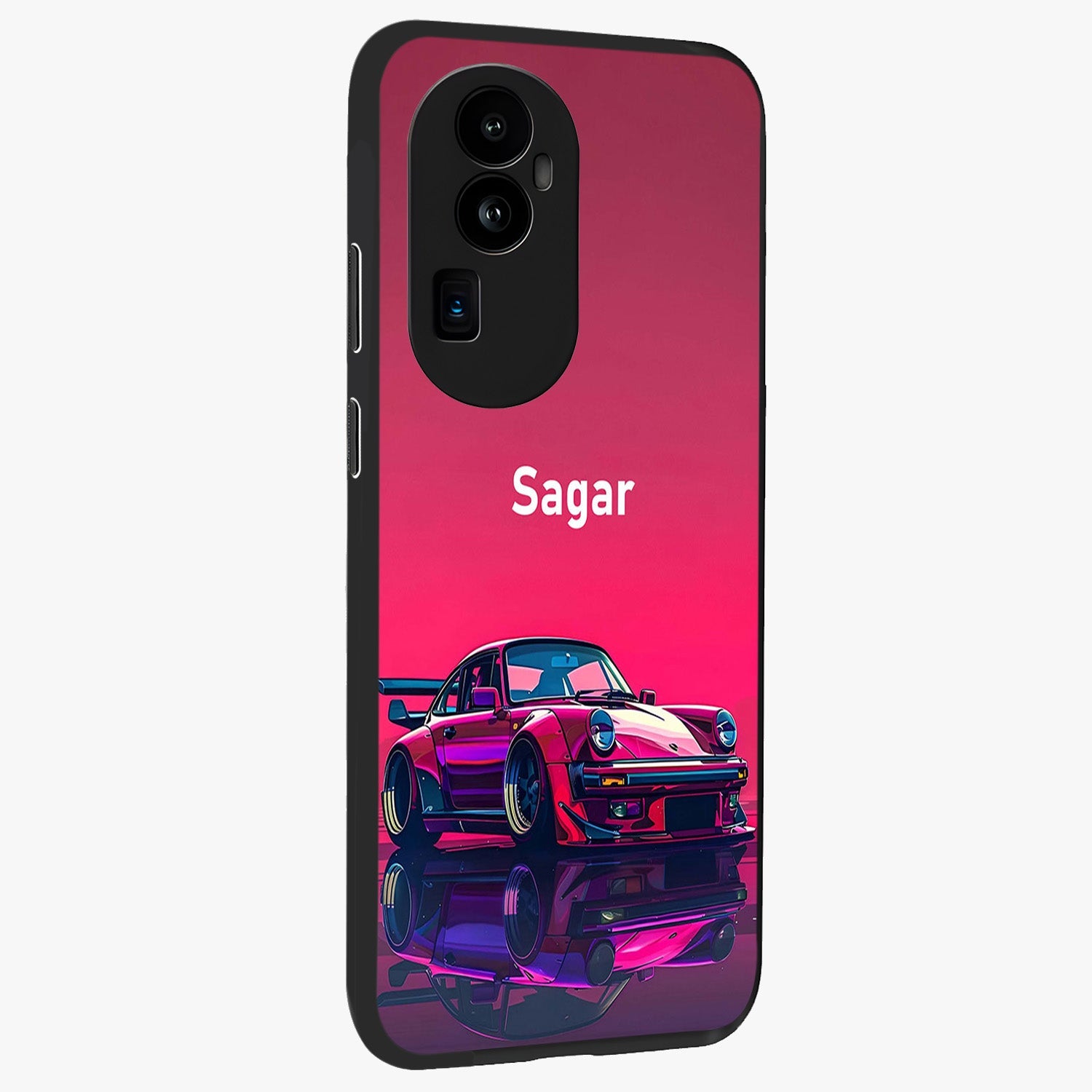 Neon Pink Porsche Glass Case upright view showcasing vibrant sports car artwork with bold automotive theme.