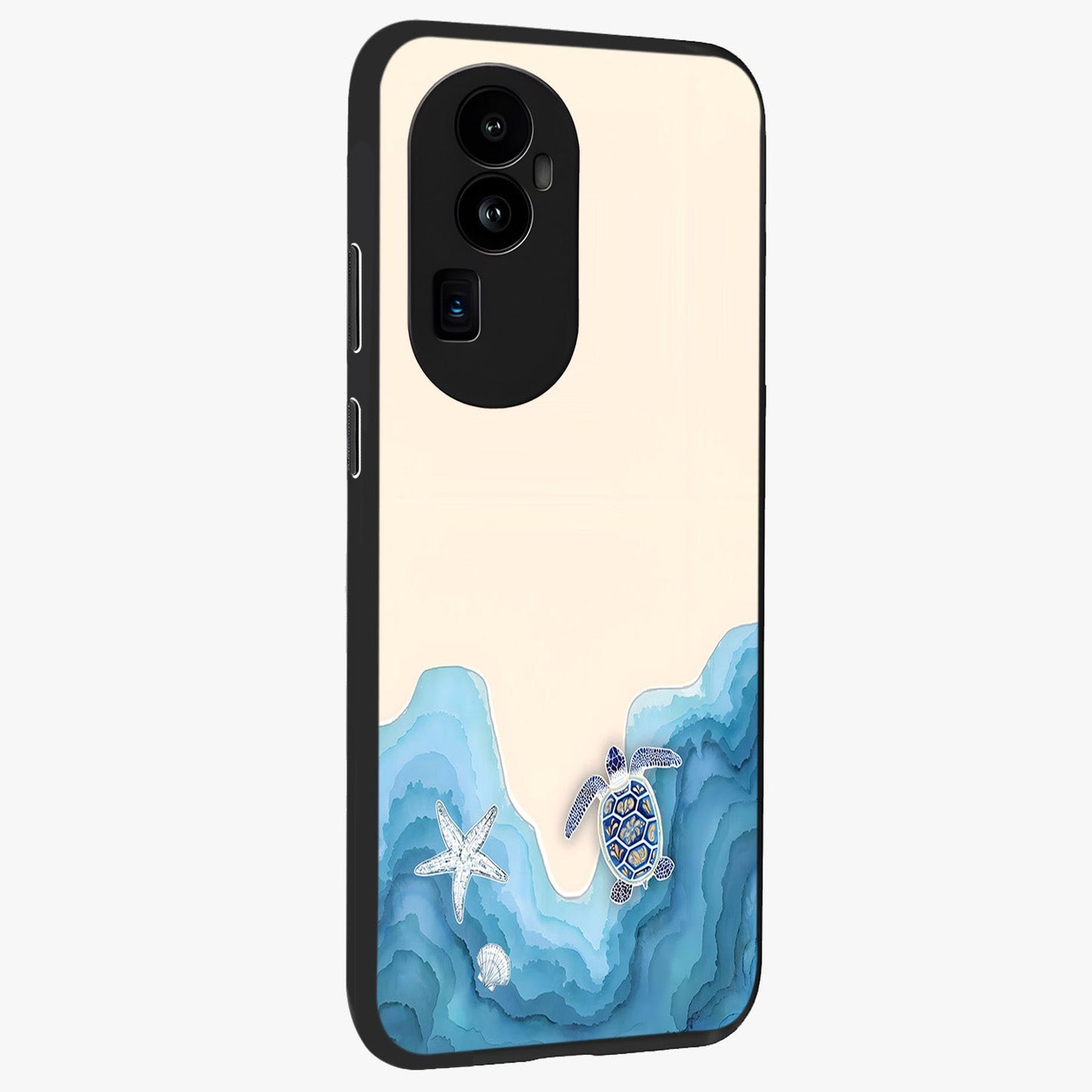 Ocean Drift Turtle Glass Case upright view showcasing calm underwater turtle artwork with nature inspired theme.