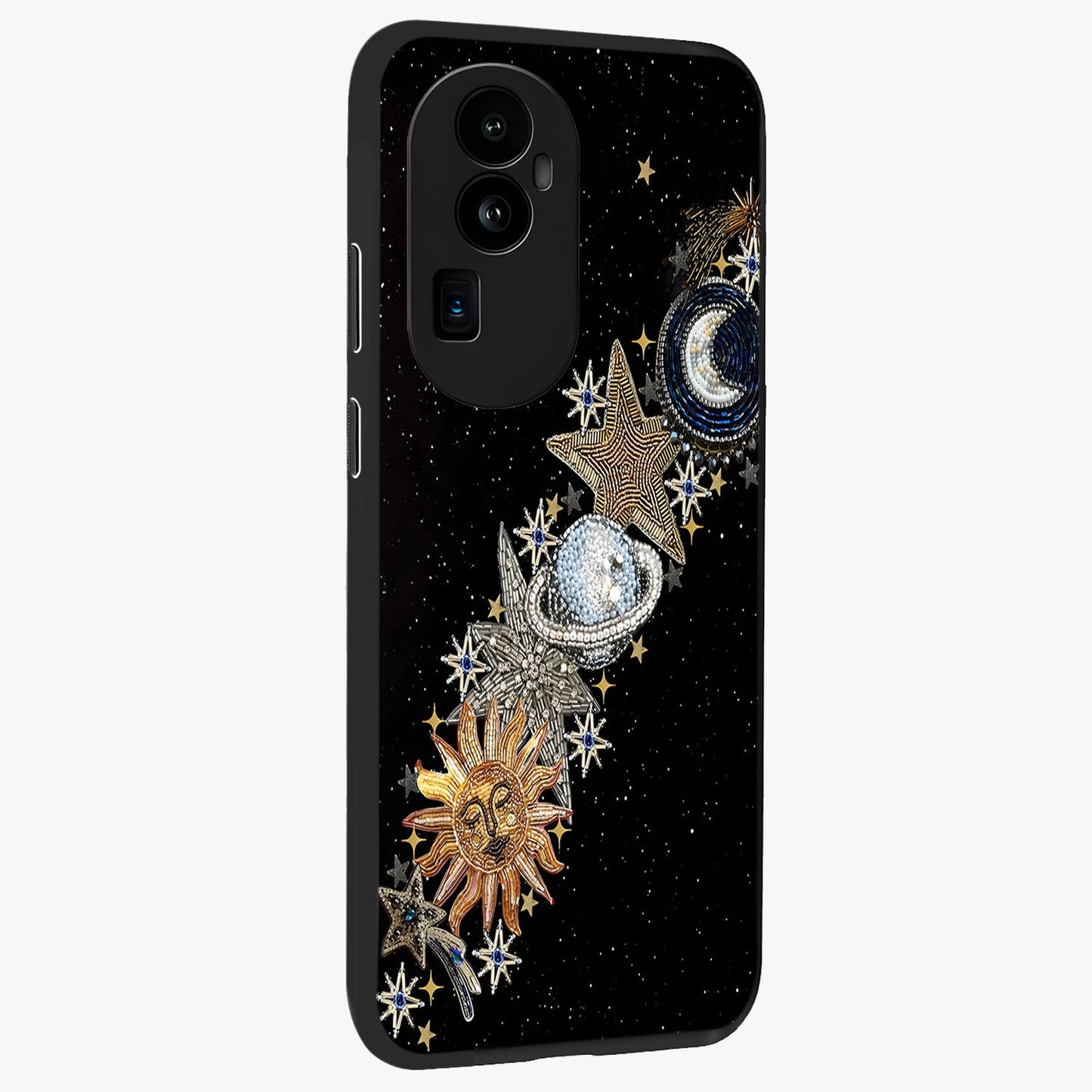 Pearls Universe Object Glass Case upright view showcasing decorative pearl themed artwork with cosmic elegance.