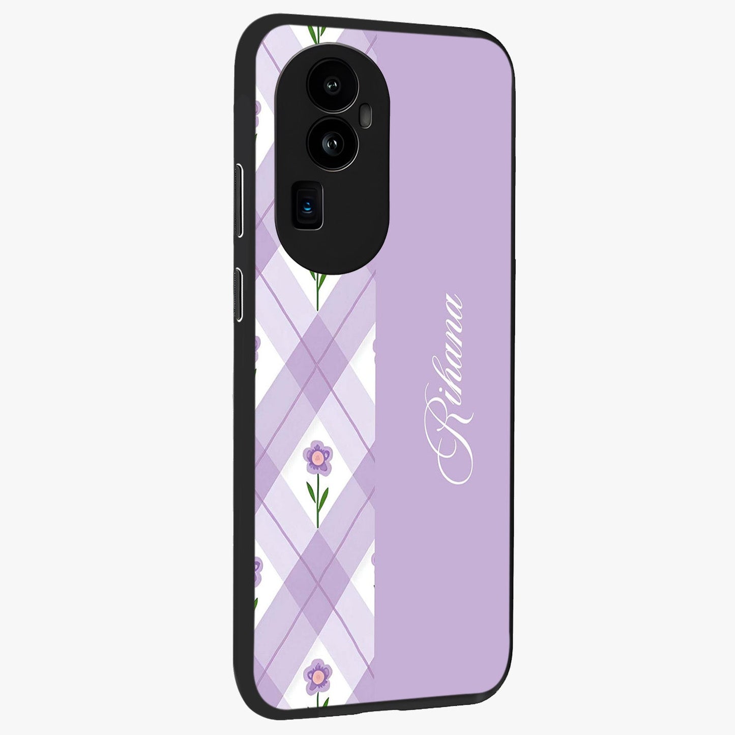 Purple Diamond Floral Glass Case upright view showcasing vibrant floral artwork with stylish geometric theme.