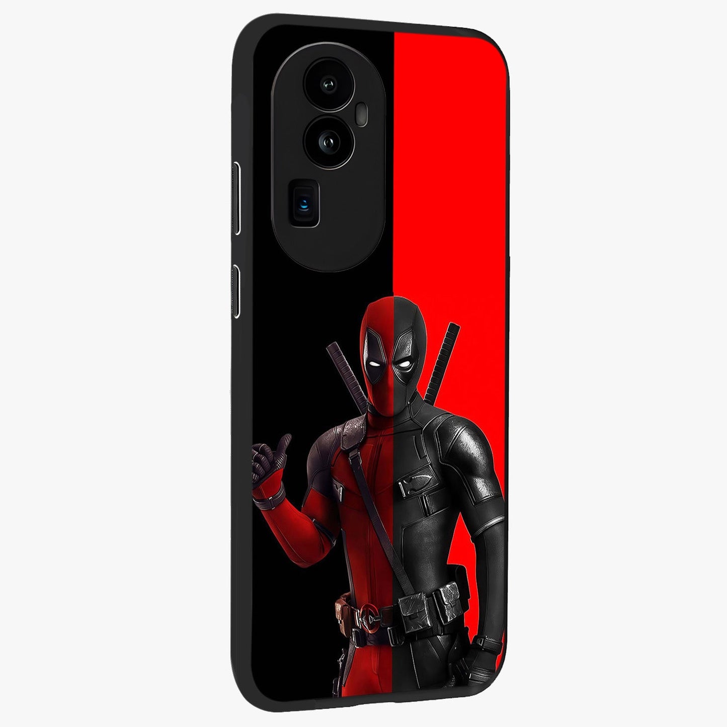 Red & Black Deadpool Theme Glass Case upright view showcasing energetic comic themed artwork with striking red and black design.