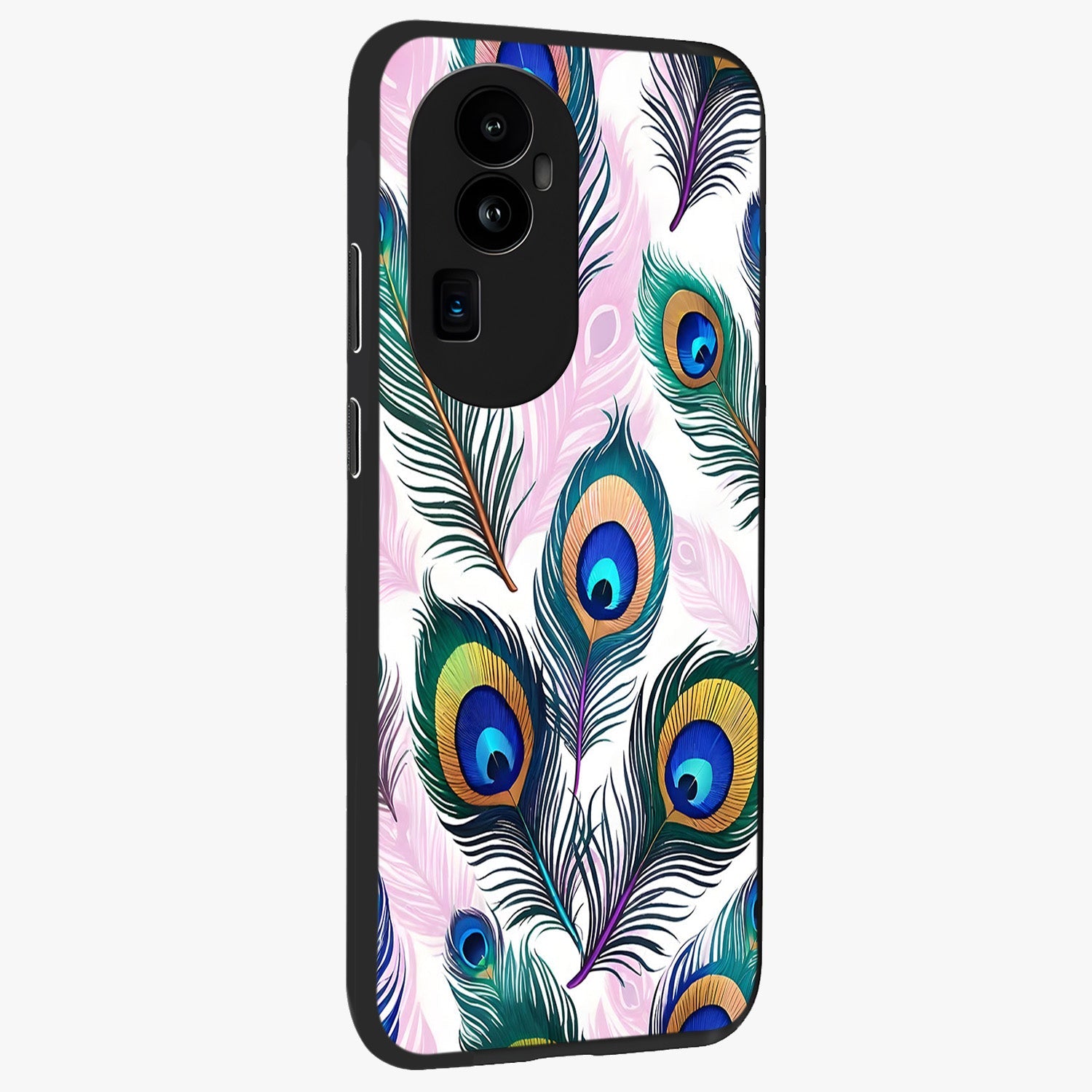 Royal Peacock Feathers Glass Case upright view showcasing elegant peacock feather artwork with decorative royal theme.
