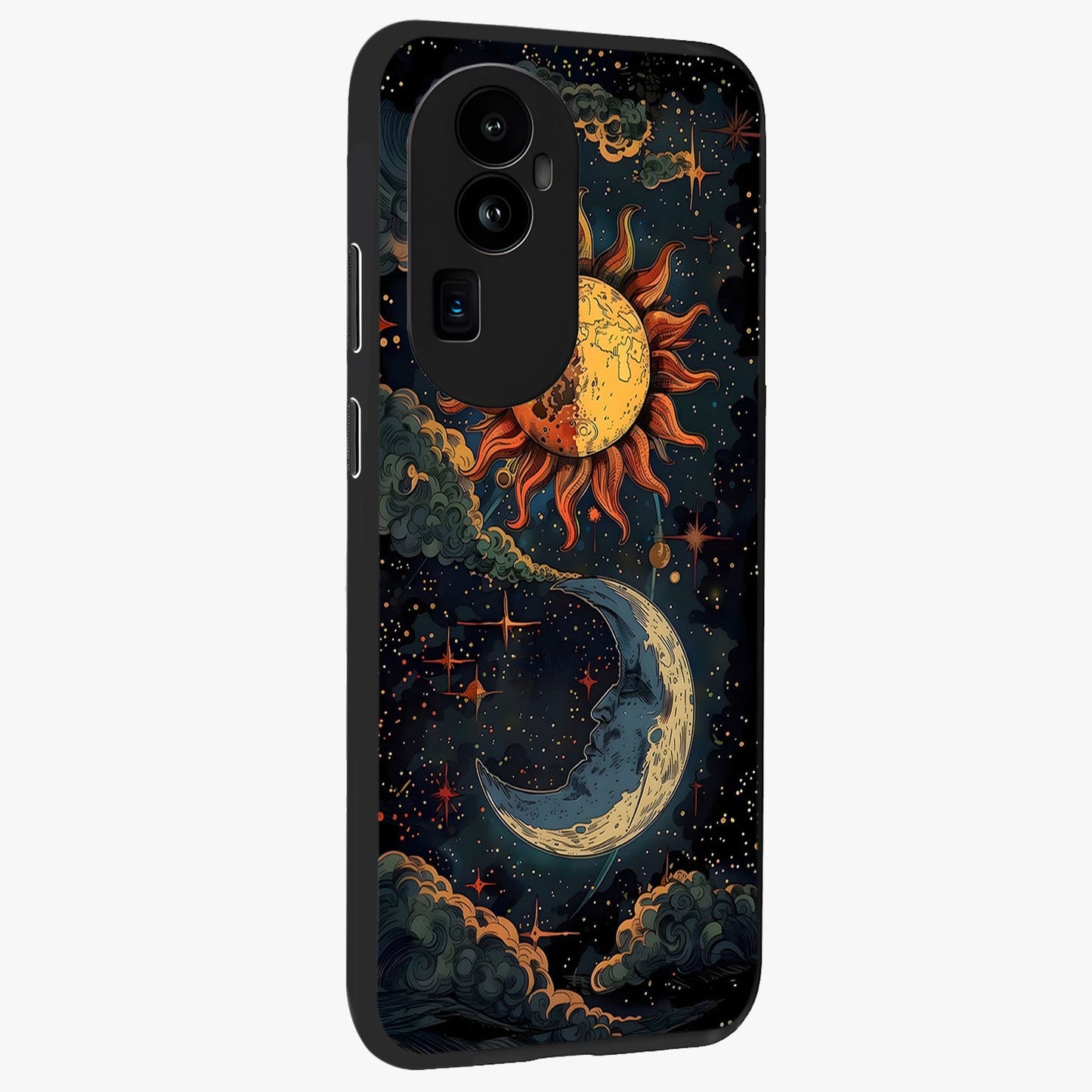 Sun And Moon Magic Design Glass Case upright view showcasing decorative sun and moon artwork with spiritual celestial theme.